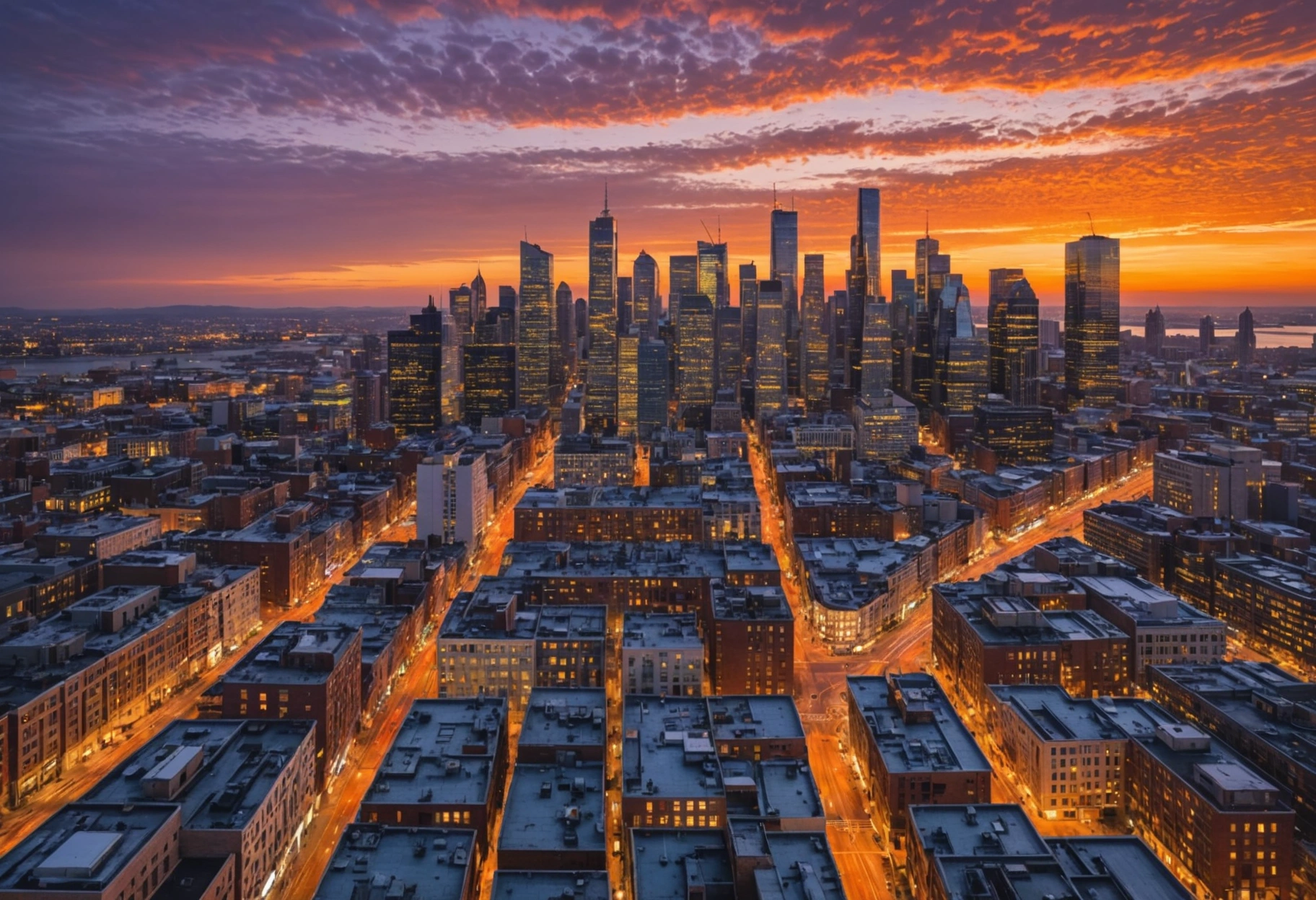 A bustling cityscape at dusk with various buildings creatively transformed into abstract mosaic patterns, symbolizing the intricate design of tile backsplashes. The scene is illuminated by urban lights and a dramatic sunset sky in vibrant oranges and purples. This dynamic image suggests innovation and energy. Do not include any text, writing, letters, or words in the image.
