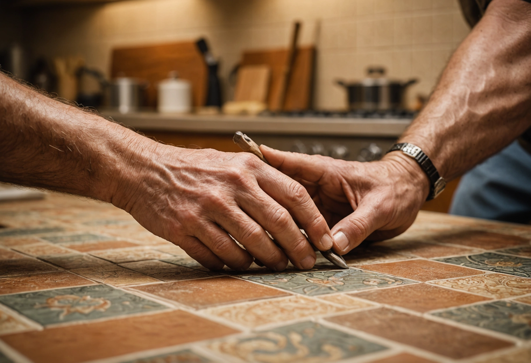 A close-up view of the hands of an experienced craftsman meticulously placing a tile in a detailed hand-painted backsplash design. The background is slightly blurred, emphasizing the focus and precision of the professional touch. Warm earth tones and soft lighting create a sense of trust and expertise. Do not include any text, writing,