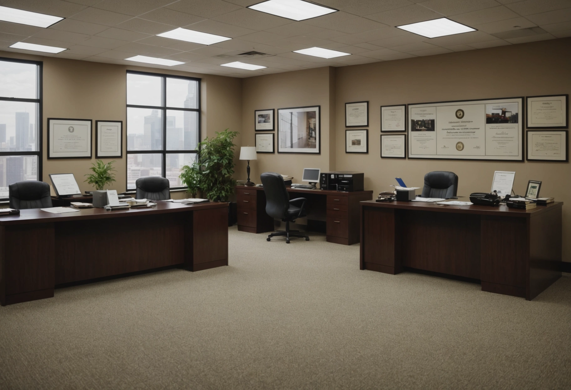 A composed scene of a professional office environment with certificates of accreditation and industry awards displayed prominently on the walls, symbolizing the importance of credentials and experience in floor restoration services.