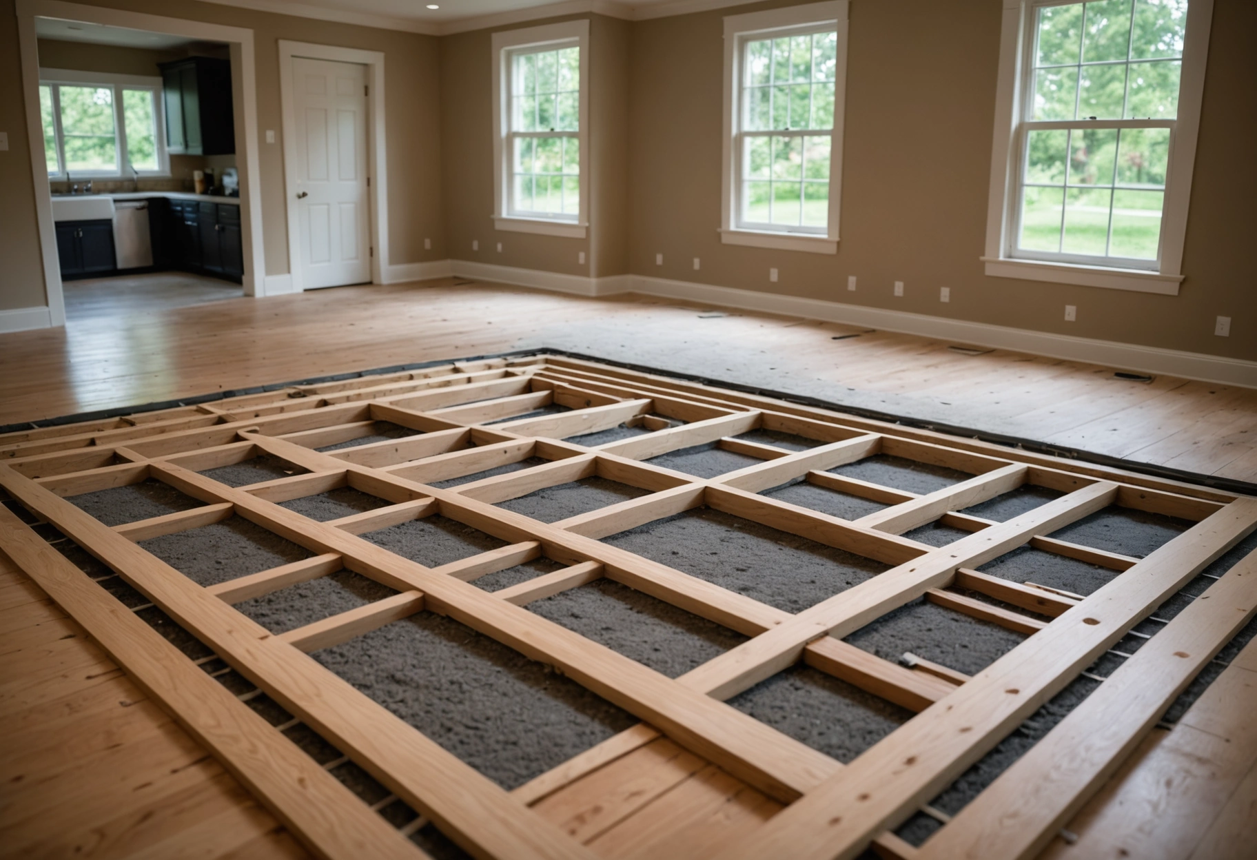 A detailed, cross-sectional illustration of a home that highlights the layers and precision required in professional floor installation, showing the subfloor, padding, and final floor in a meticulous, educational manner. Do not include any text, writing, letters, or words in the image.