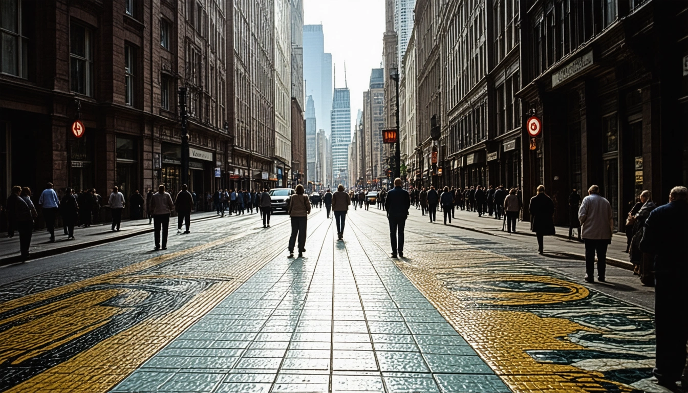A dramatic and energetic scene of a bustling urban environment, with the streets and sidewalks transformed into vivid mosaics, each tile depicting a unique aspect of city life and architecture, as a metaphor for the impact of professional floor services on urban spaces. Do not include any text, writing, letters, or words in the image.