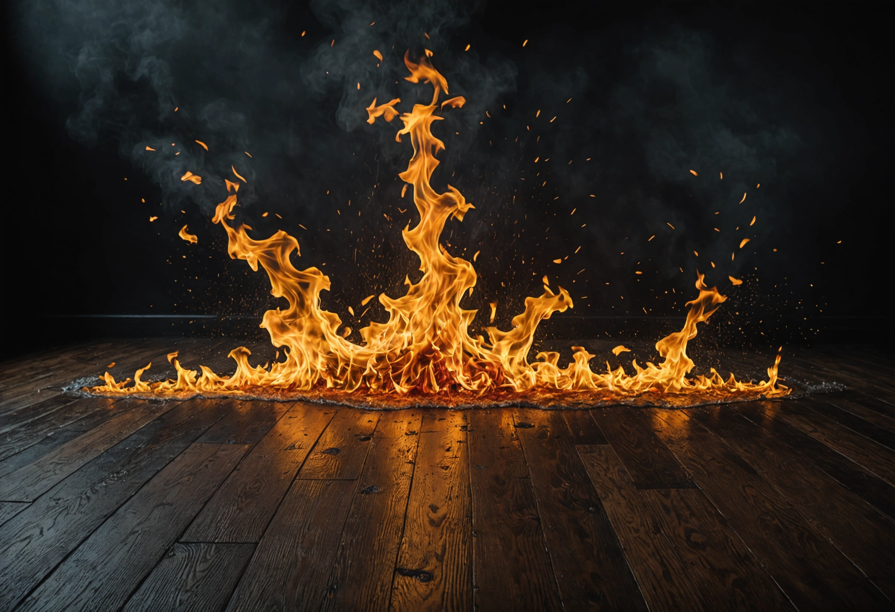 A dramatic, cinematic image illustrating a metaphorical battle between elements where water and fire clash over a segment of hardwood floor—water representing damage and restoration potential, while fire signifies wear and renewal, set against a dark, moody background. Do not include any text, writing, letters, or words in the image.