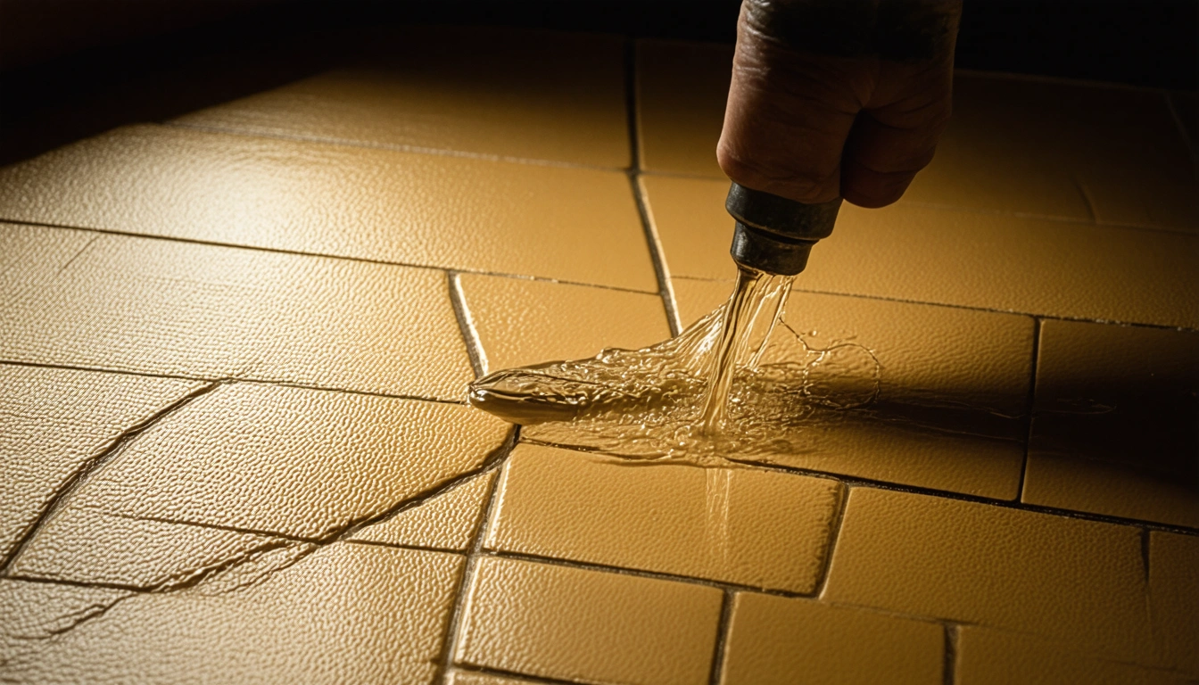 A dramatic close-up of a grout sealing process, where each individual tile is a unique earth tone, captured in mid-action as a watery sealant is applied, catching the light in a way that highlights its meticulous precision and artistry. Shadows play across the scene, adding depth and focus. Do not include any text, writing, letters, or words in the image.