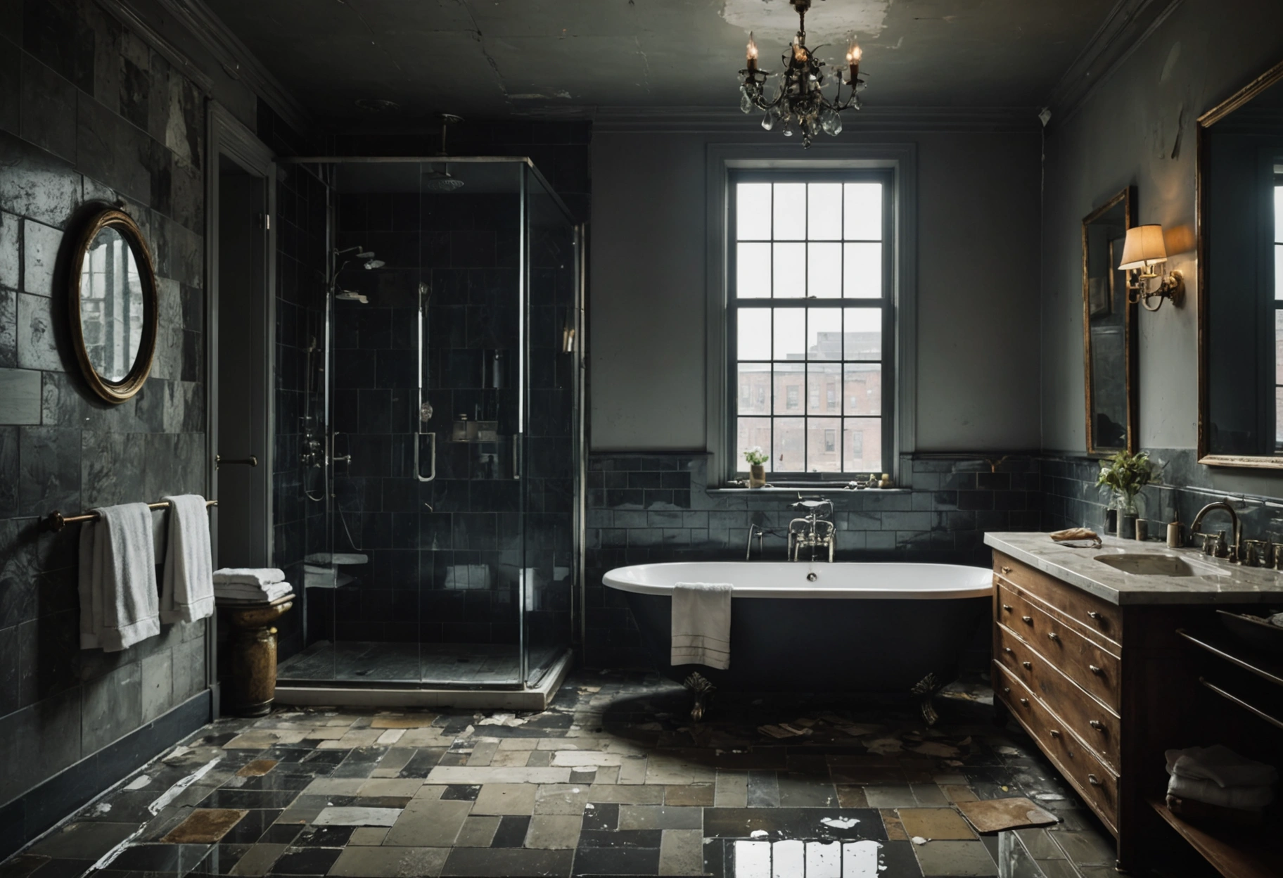 A dramatic urban loft bathroom with a large, walk-in glass shower showcasing the aftermath of severe water damage. The image captures the juxtaposition of luxury and decay, with modern fixtures contrasted by crumbling tiles and water seeping onto a polished marble floor. The setting is moody and atmospheric. Do not include any text, writing, letters, or words in the image.