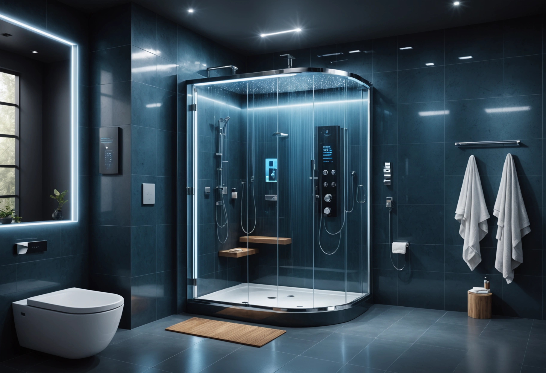 A futuristic bathroom design featuring a high-tech, AI-integrated shower system that's self-repairing. The interface on the transparent shower screen displays holographic images of the restoration process, surrounded by sleek, minimalist decor in a palette of cool blues and metallics. This setting conveys a cutting-edge, optimistic mood. Do not include any text, writing, letters, or words in the image.