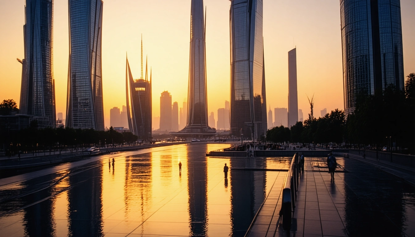 A futuristic cityscape at sunset, where towering, sleek skyscrapers are mirrored by a perfectly sealed, reflective plaza below. The warm glow of a golden hour sun highlights the pristine condition of the surfaces, creating a harmonious balance between nature and human innovation. Do not include any text, writing, letters, or words in the image.