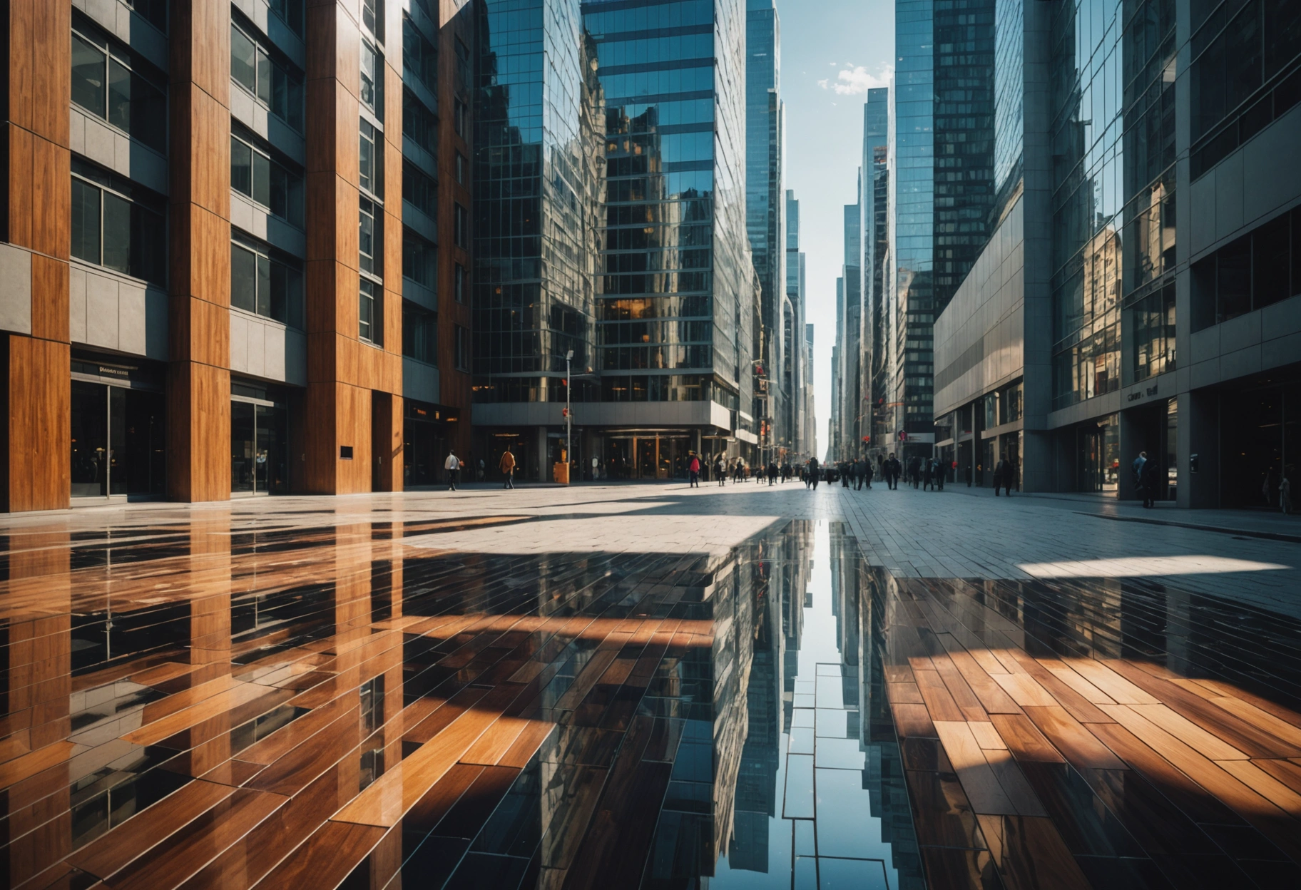 A futuristic, imaginative cityscape where skyscrapers are designed to resemble various types of floor textures and materials—tiles, polished wood, and stone—each reflecting sunlight differently to create a vibrant, kaleidoscopic effect. The scene conveys innovation and the potential for transformation in urban environments. Do not include any text, writing, letters, or words in the image.