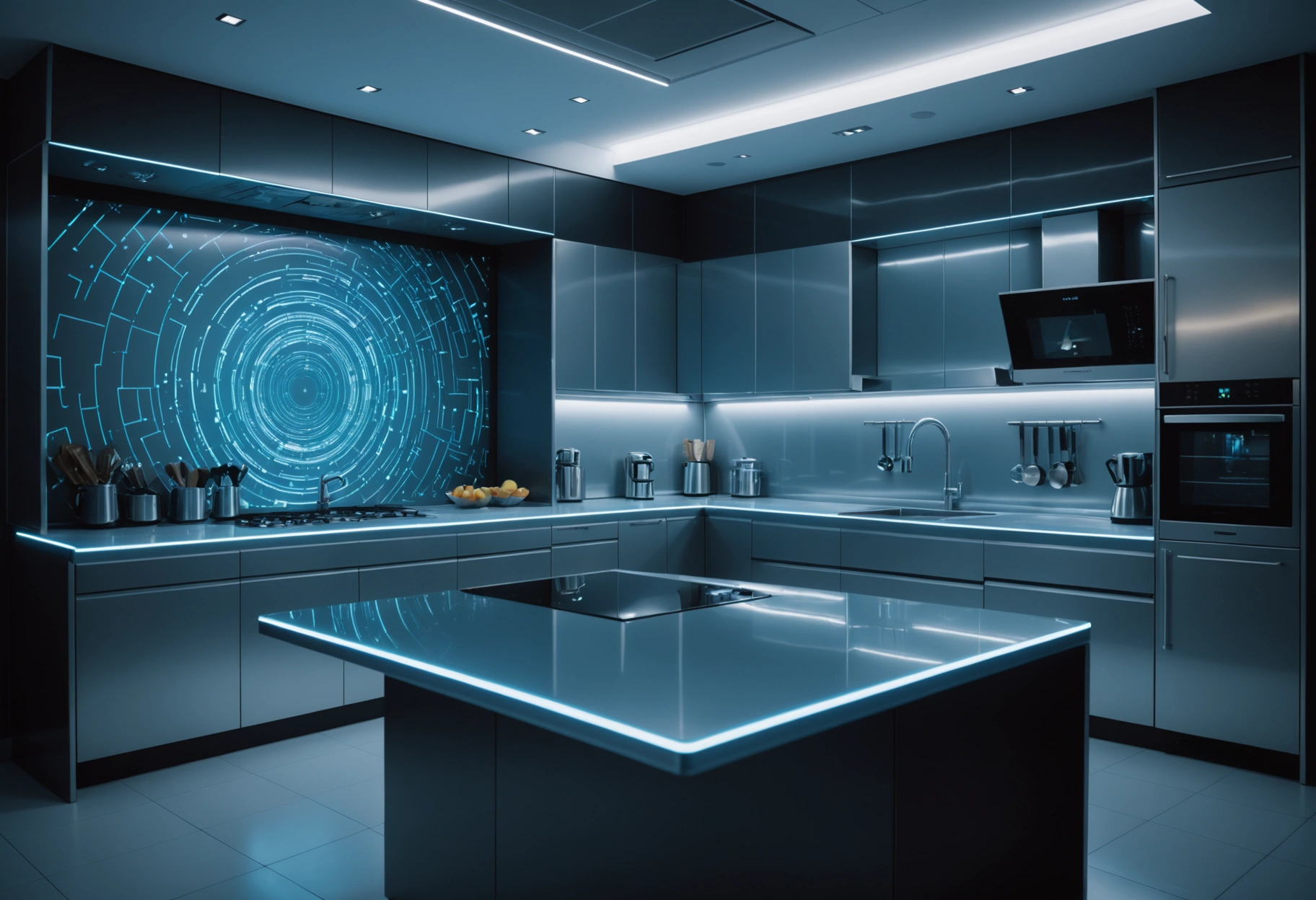 A futuristic kitchen environment, with holographic backsplashes displaying changing patterns and colors, integrated with AI interfaces. The scene is sleek and minimalistic, illuminated with cool blue and silver tones, evoking a sense of advanced technology and modern efficiency. Do not include any text, writing, letters, or words in the image.