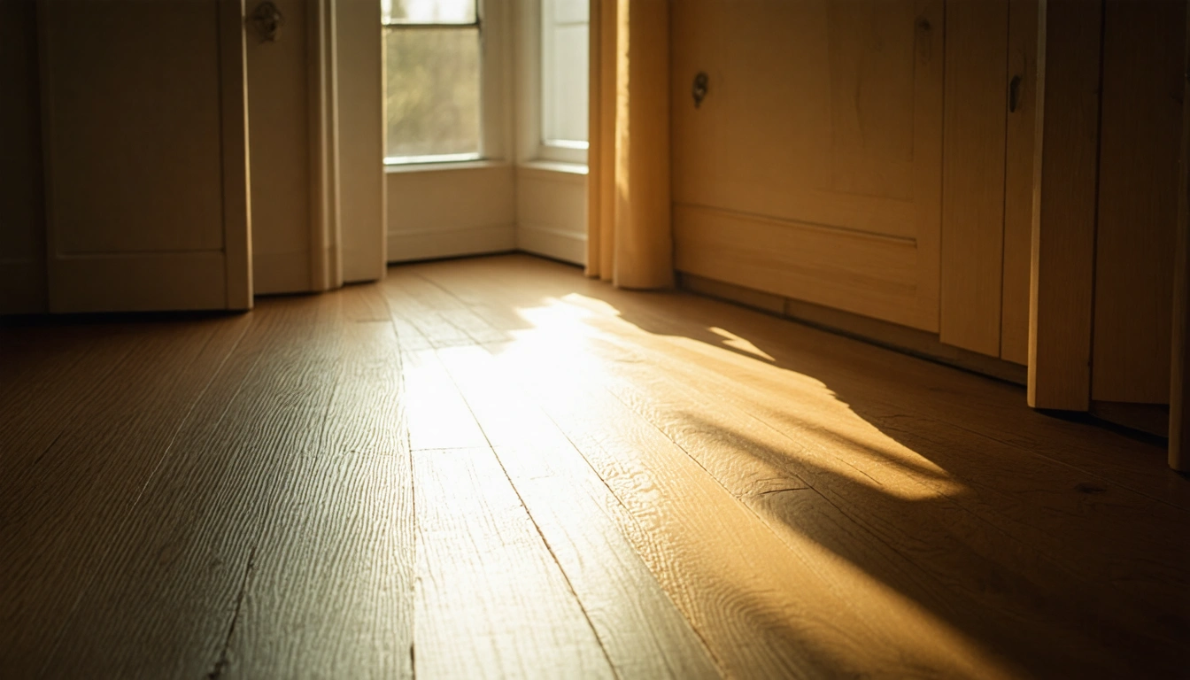 A minimalist and serene interior space with a single ray of warm sunlight cascading through a window, illuminating a section of pristine, restored wooden flooring. A subtle reflection of the light creates a visual metaphor for the professional care and precision in floor repair. Do not include any text, writing, letters, or words in the image.