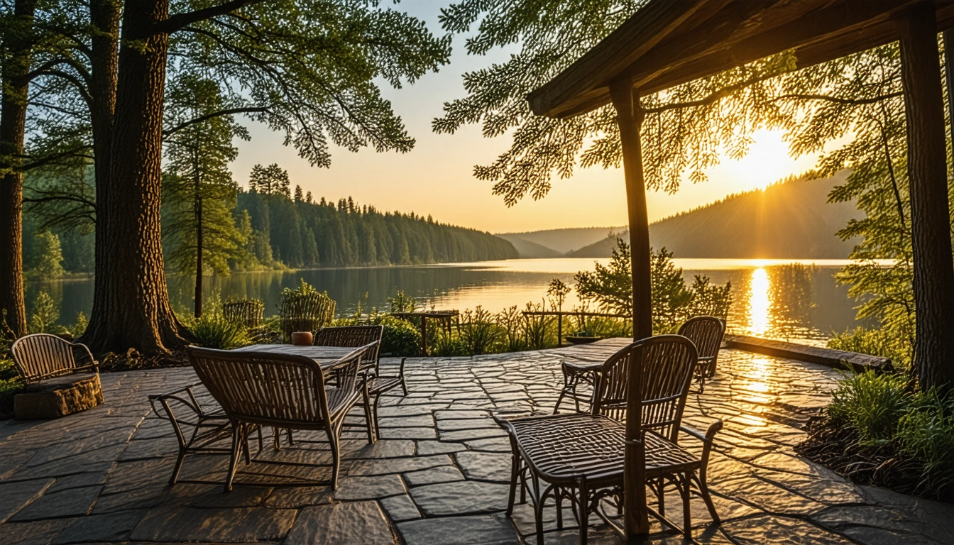 A peaceful lakeside cabin with an intricately detailed stone patio, where each stone reflects a piece of the serene landscape—trees, water, sky—emphasizing the blend of human craftsmanship with natural beauty in floor restoration. The scene is bathed in the golden hues of a setting sun. Do not include any text, writing, letters, or words in the image.