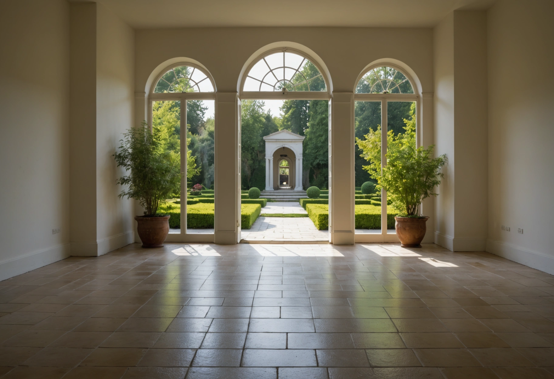 A peaceful, minimalist interior scene showcasing an elegantly restored floor adorned with subtle reflections of a serene, large window view of a tranquil garden. The image evokes a sense of calm, balance, and the beauty of nature harmonizing with human spaces. Do not include any text, writing, letters, or words in the image.