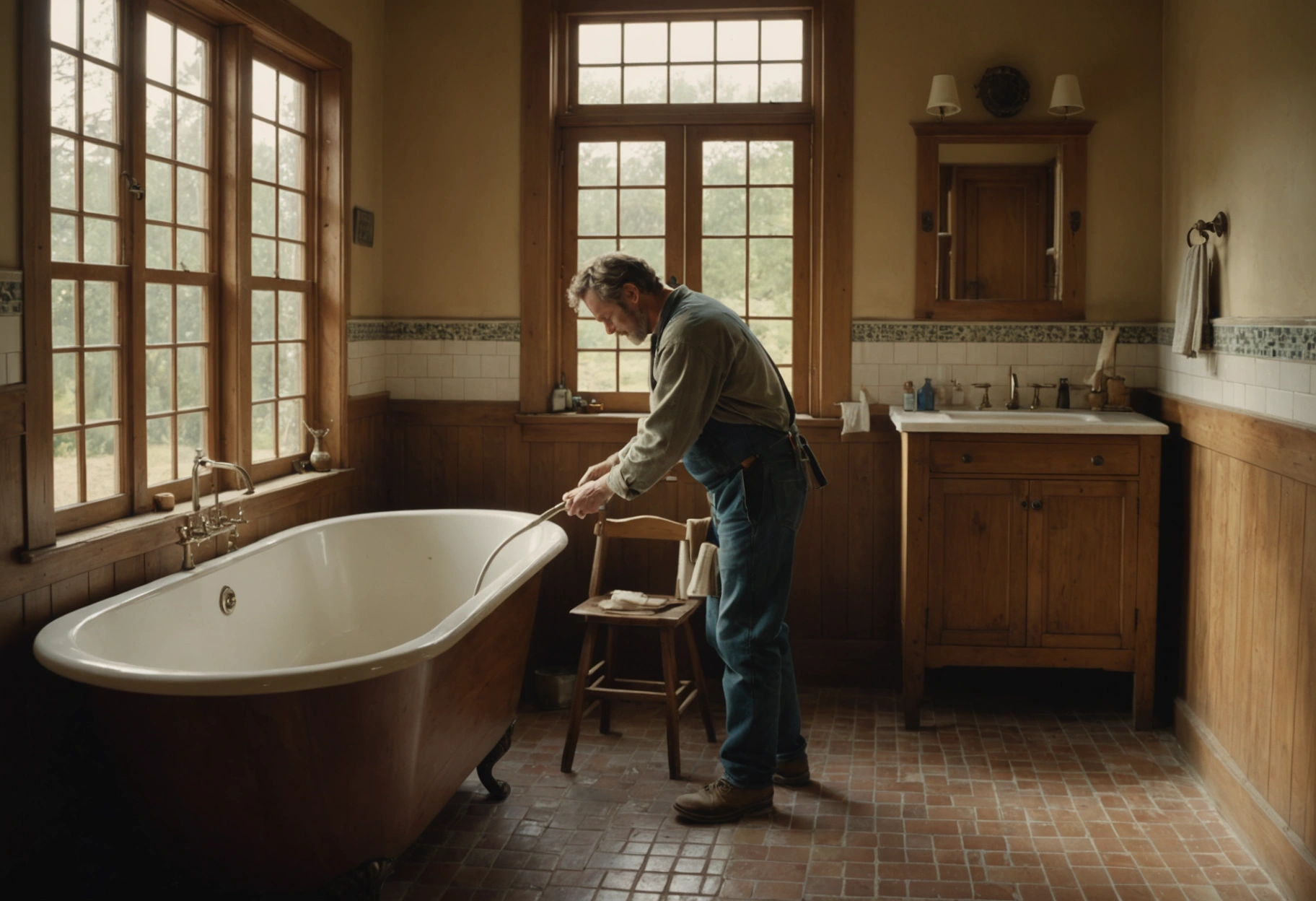 A rustic, countryside bathroom with rich wooden accents, illuminated by natural light filtering through a large window. The image focuses on a craftsman restoring an elegantly tiled shower to its former glory, carefully applying grout amidst a peaceful, serene atmosphere. The scene evokes warmth and professional craftsmanship. Do not include any text, writing, letters, or words in the image.