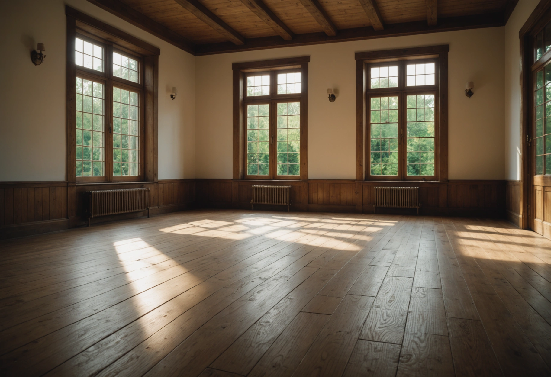 A serene, eco-friendly living space with sunlight streaming through large windows onto beautifully restored wooden floors; sustainable materials visible throughout, illustrating the enduring value and environmental benefits of quality floor restoration.