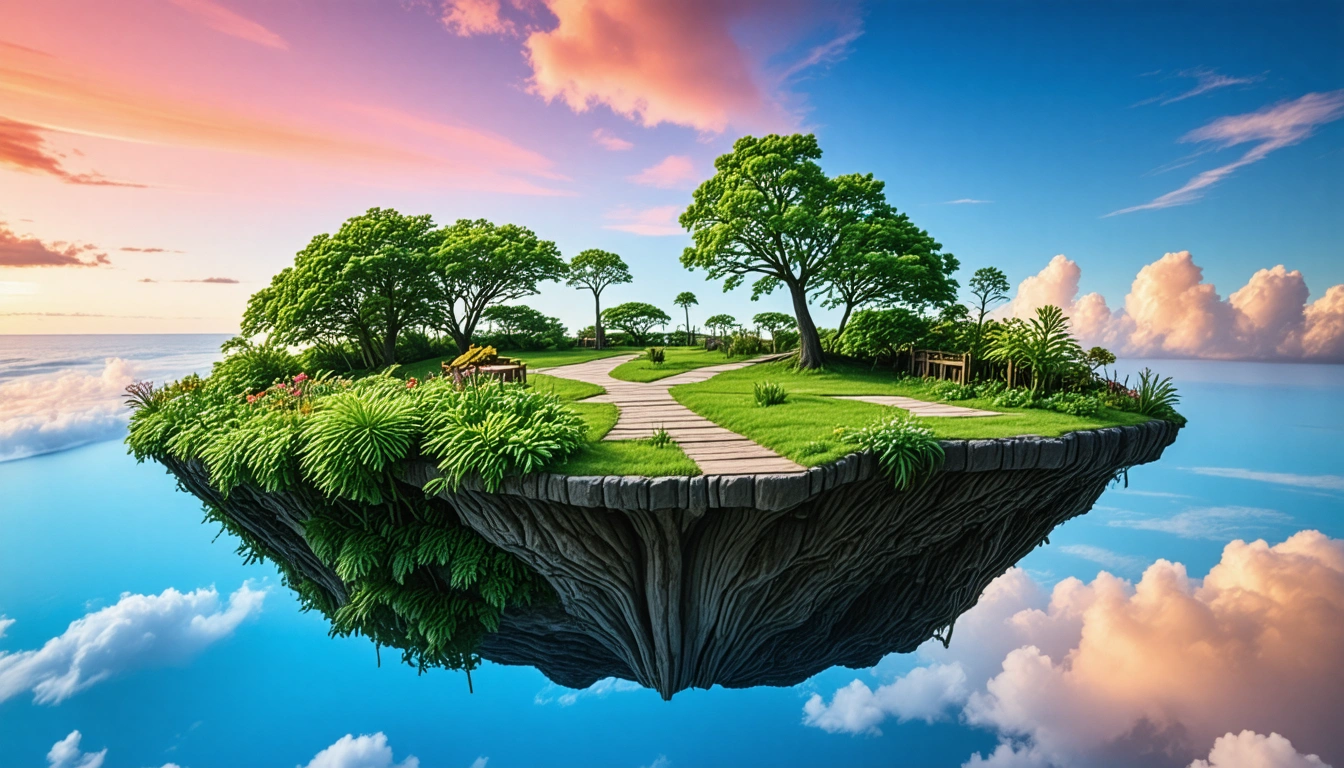 A surreal, floating island in a vibrant sky, where different segments of the island feature distinct flooring types, from hardwood to tile to carpet, visually narrating the versatility and expertise of professional floor repair services. Lush greenery and flowers flourish