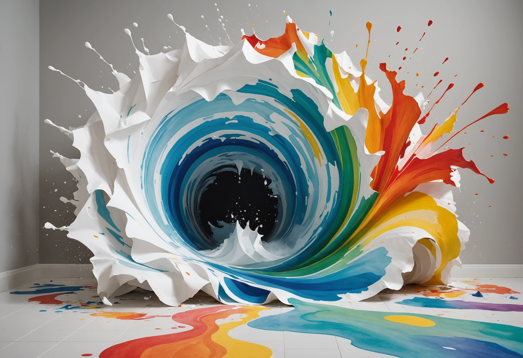 An abstract and surreal representation of water damage, where a shower made of paper appears to dissolve into a swirling vortex of watercolors. The scene is filled with vivid colors and fluid shapes that create a sense of movement and transience, symbolizing the ephemeral nature of neglecting home maintenance. Do not include any text, writing, letters, or words in the image.