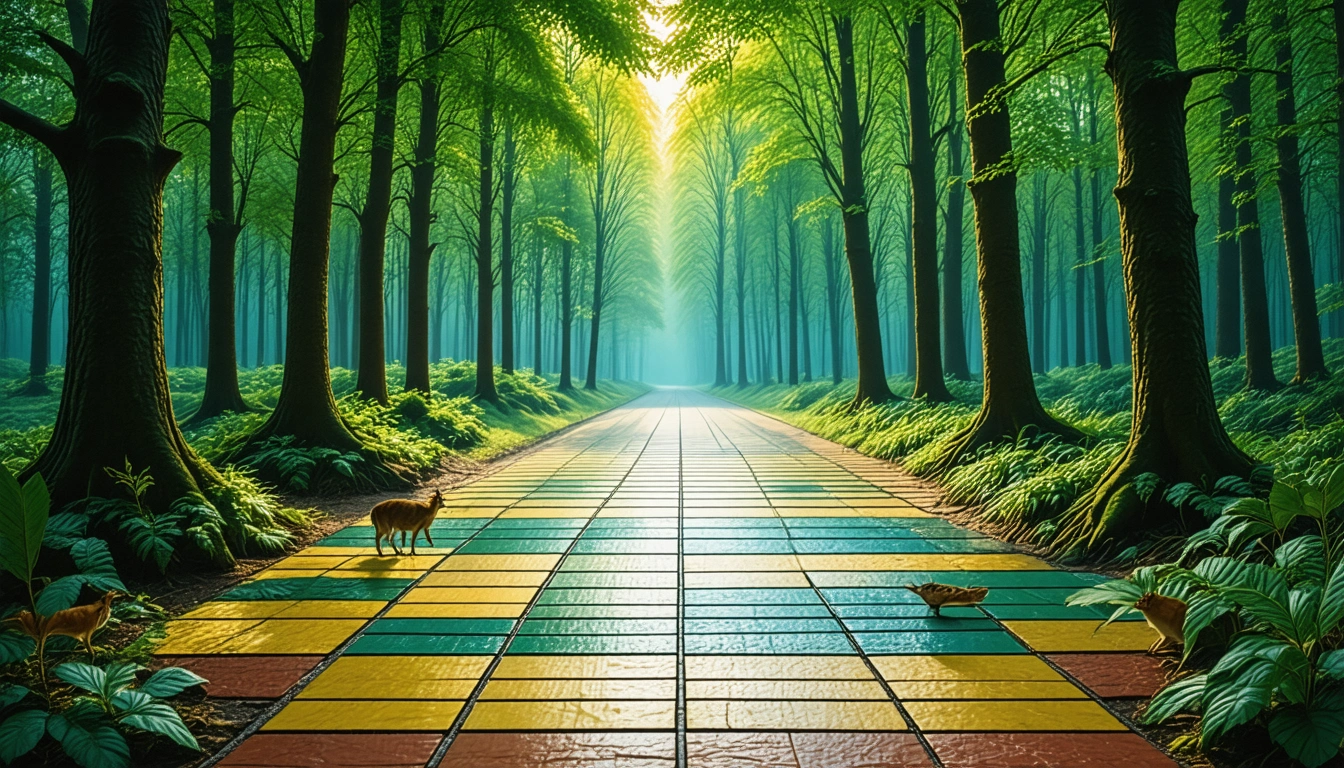 An abstract illustration of a lush, shaded forest where the ground is a perfectly laid, checkerboard floor of vibrant tiles, with each tile representing a different season of nature. The scene features wildlife interacting seamlessly with the landscape, mirroring the harmony of nature and human craftsmanship. Do not include any text, writing, letters, or words in the image.