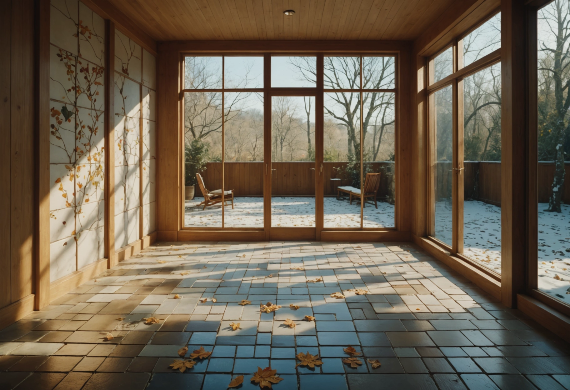 An abstract, surreal painting depicting a room where the floor seamlessly transitions through four seasons—spring blossoming tiles, summer's sunlit wooden planks, autumn's earthy stone slabs, and winter's frosty glass panels—capturing the concept of time and change in home spaces. Do not include any text, writing, letters, or words in the image.