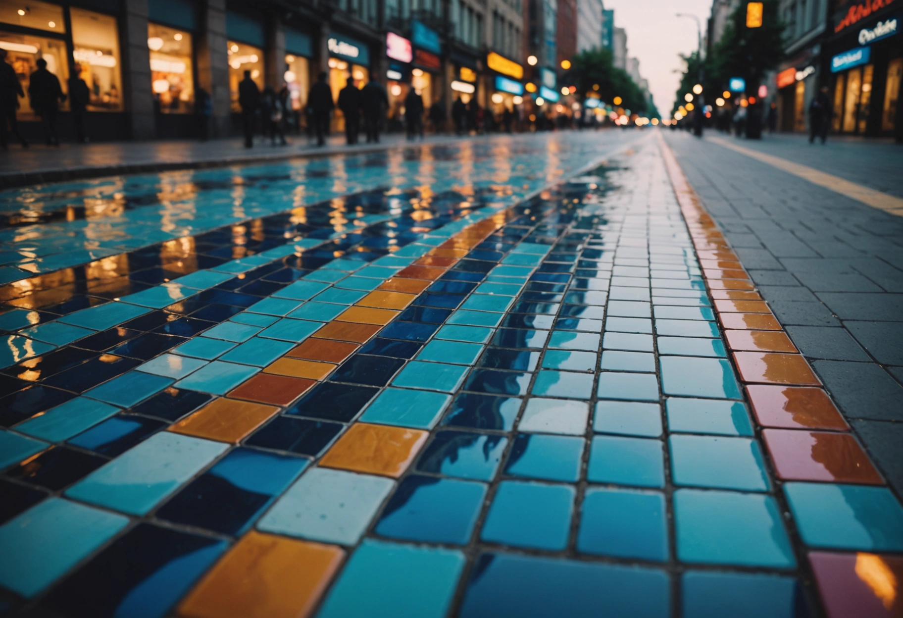 An abstract, surreal scene depicting a wave of vibrant, polished tiles flowing like a river through a modern cityscape, blending into the streets and sidewalks, reflecting the sky's colors at dusk. Do not include any text, writing, letters, or words in the image.
