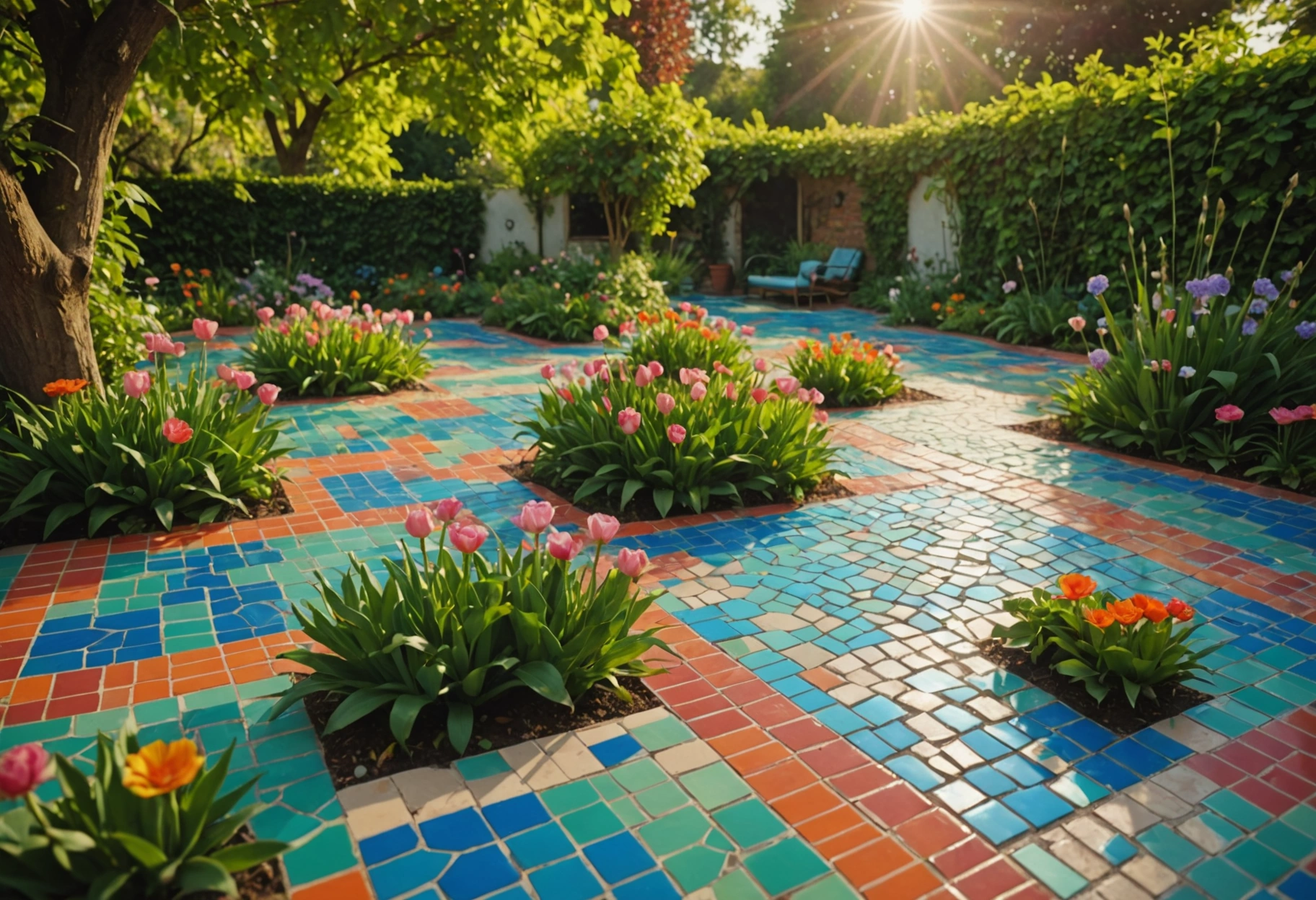 An artistic interpretation of property value enhancement: a surreal garden landscape where colorful tiles blossom like flowers among lush greenery. Sunlight filters through to highlight the vibrant mosaic of tiles, creating an atmosphere of growth and artistic prosperity. Do not include any text, writing, letters, or words in the image.