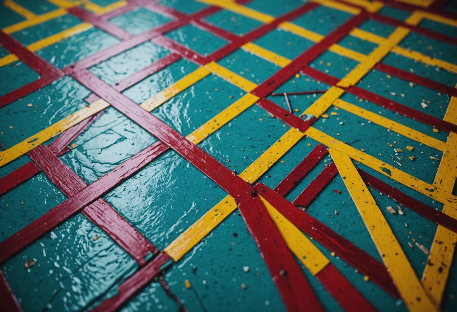 An energetic, dynamic collage of vibrant colors and textures symbolizing different floor repair and installation materials, interwoven with lines and shapes to mimic the flow of creative energy and craftsmanship involved in floor restoration and installation processes. Do not include any text, writing, letters