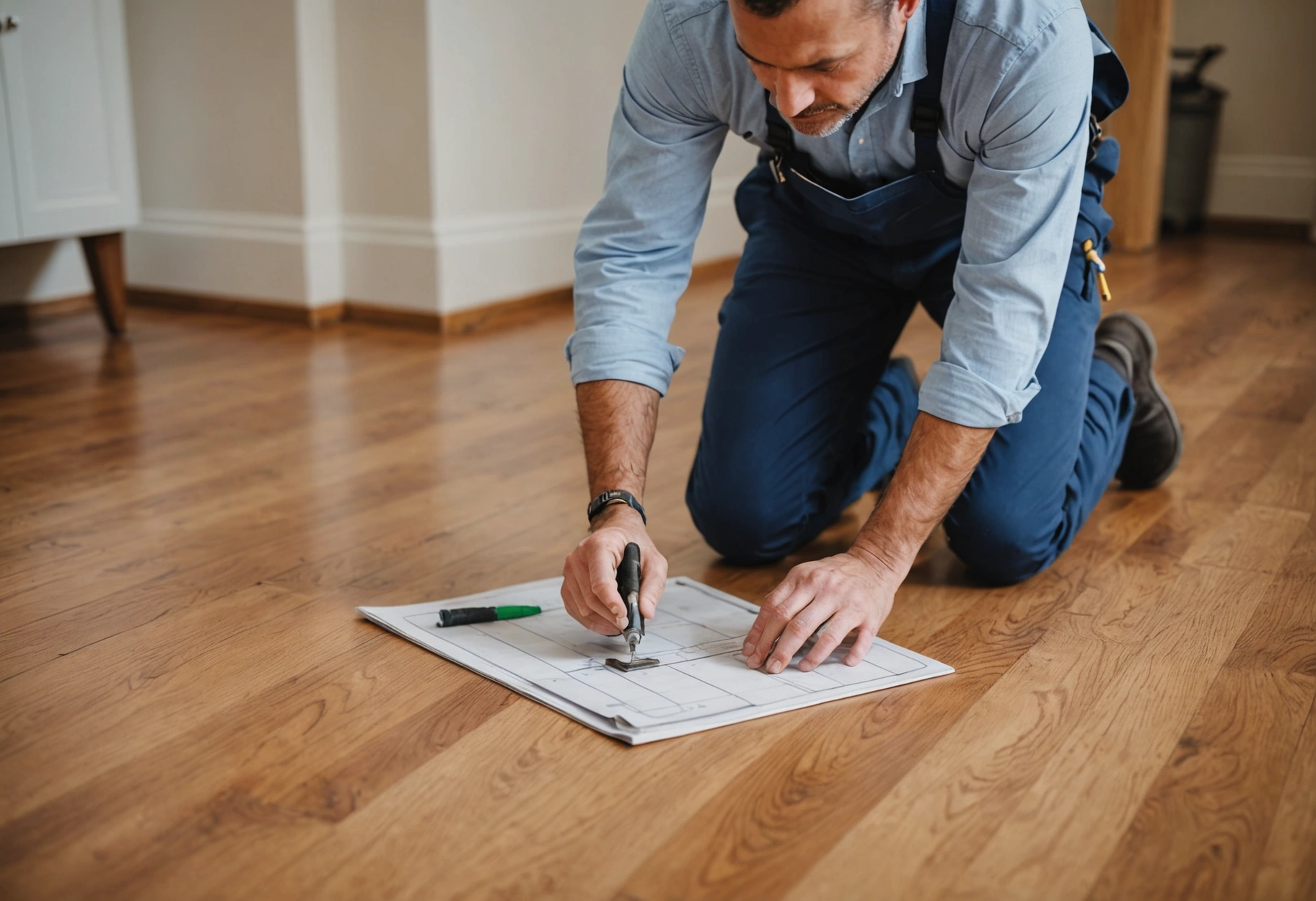 An image depicting a skilled flooring specialist conducting a meticulous inspection in a residential interior, using tools to assess the floor’s condition, emphasizing the value of regular professional check-ups in maintenance.