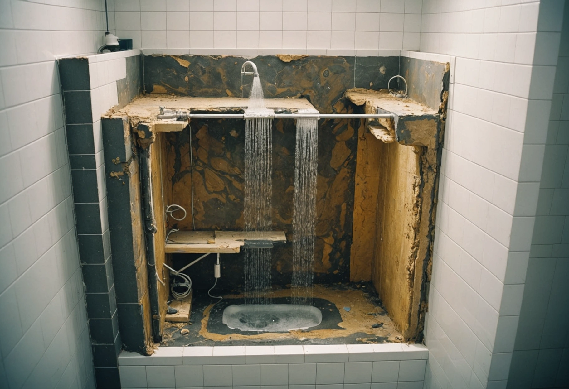 An imaginative cross-section illustration of a shower installation process, where the shower layers are peeled back like a geological cross-section. Each layer displays