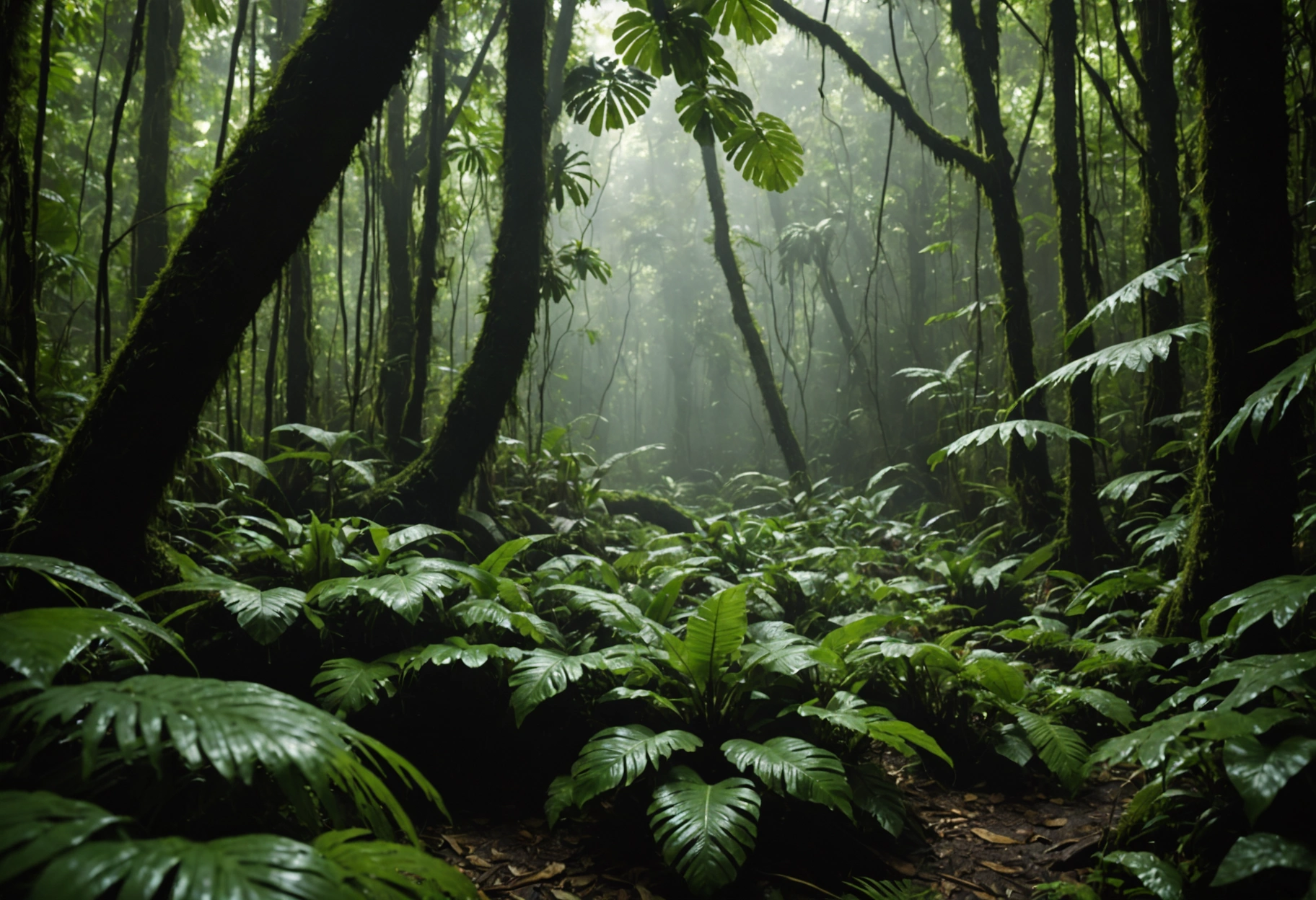 Convey the "Risk of Mold and Mildew Buildup" through a dramatic, eerie rainforest scene where giant, shadowy mold spores are creeping through dense, lush tropical foliage. A small, bright light source in the background reveals the spores' intricate textures, adding a sense of both threat and beauty to the scene. The atmosphere is tense and mysterious. Do not include any text, writing, letters, or words in the image.