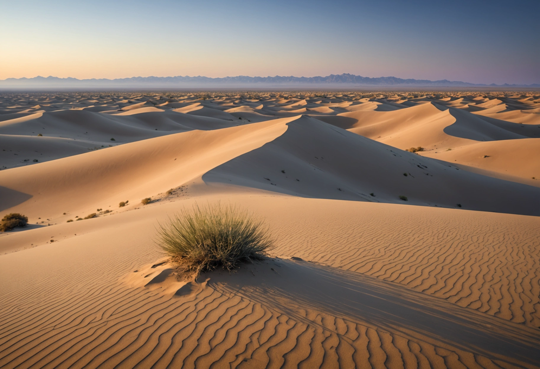 Create a serene, minimalist composition symbolizing "Inadequate Tools and Supplies." Imagine a vast, open desert landscape at dawn, with a lone, intricately detailed brush or scrubbing tool emerging slowly from the sand dunes, partially buried as if forgotten. The mood is calm and contemplative, with soft pastel colors in the sky. Do not include any text, writing, letters, or words in the image.
