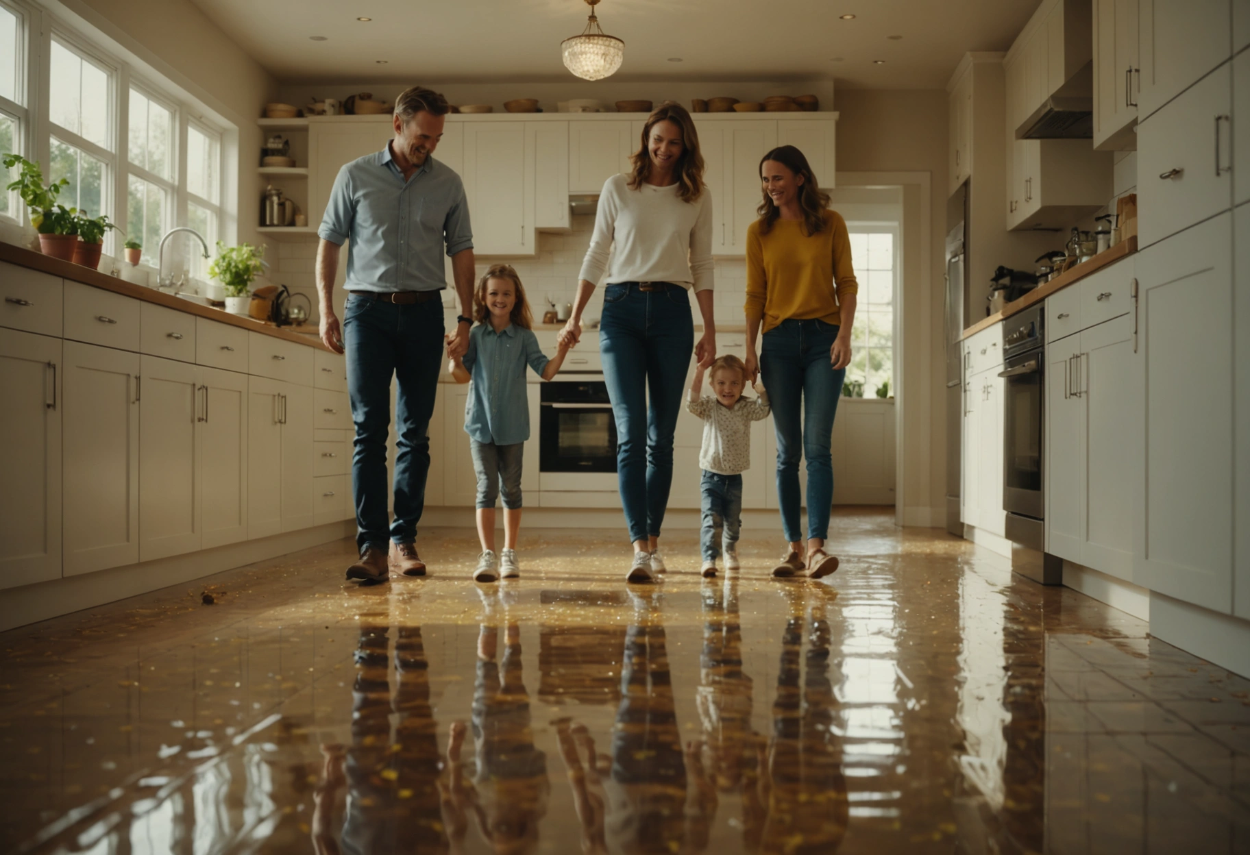Depict the concept of protecting property value with "Expert Surface Care" through an optimistic and vibrant scene of a gleaming, meticulously polished kitchen floor reflecting the faces of a happy family hovering above it. The floor sparkles with