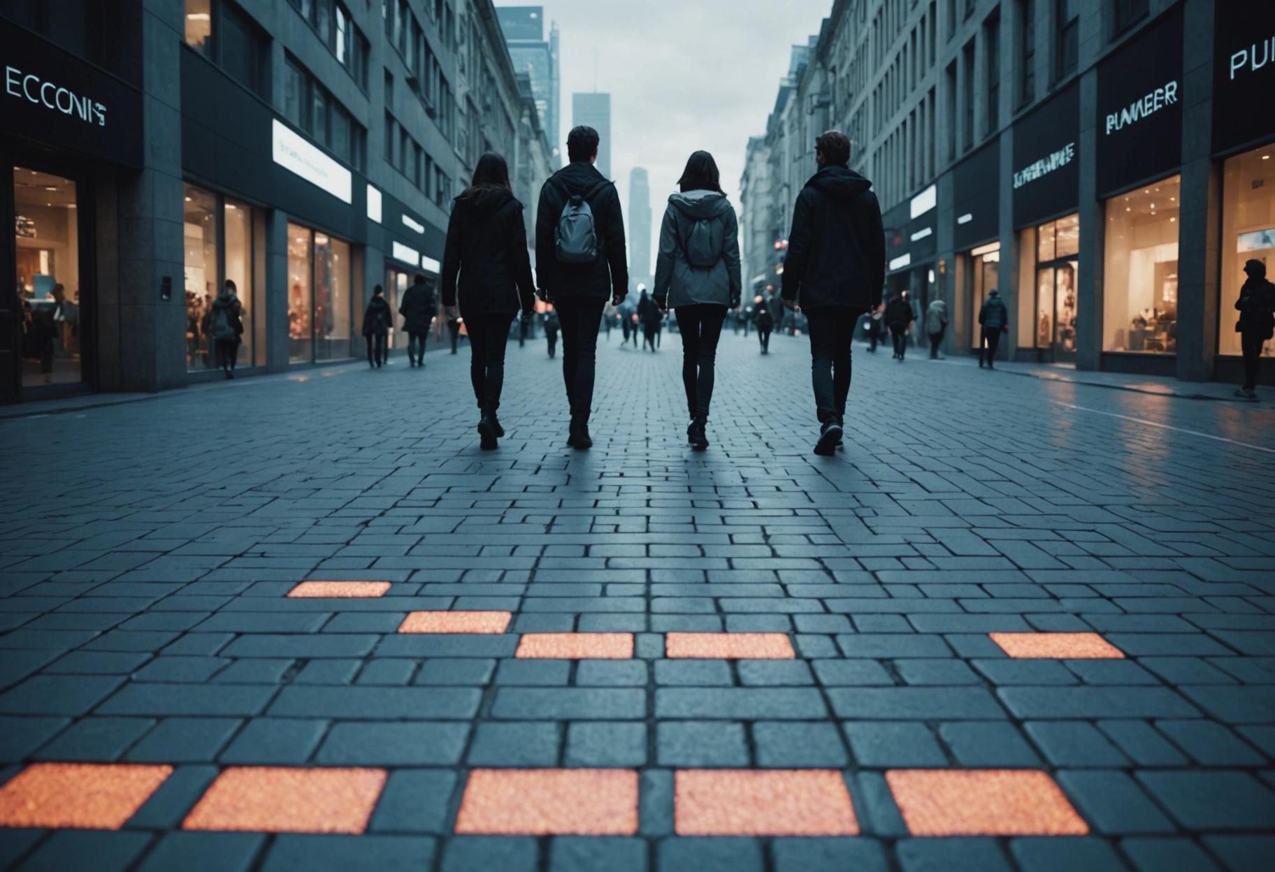 **Image Prompt 3**: A futuristic urban landscape where pavers transform into digital tiles with a light-up effect as people walk over them. The scene conveys enhanced safety and functionality through technology, with a cool-toned, sleek, and modern aesthetic. Do not include any text, writing, letters, or words in the image.