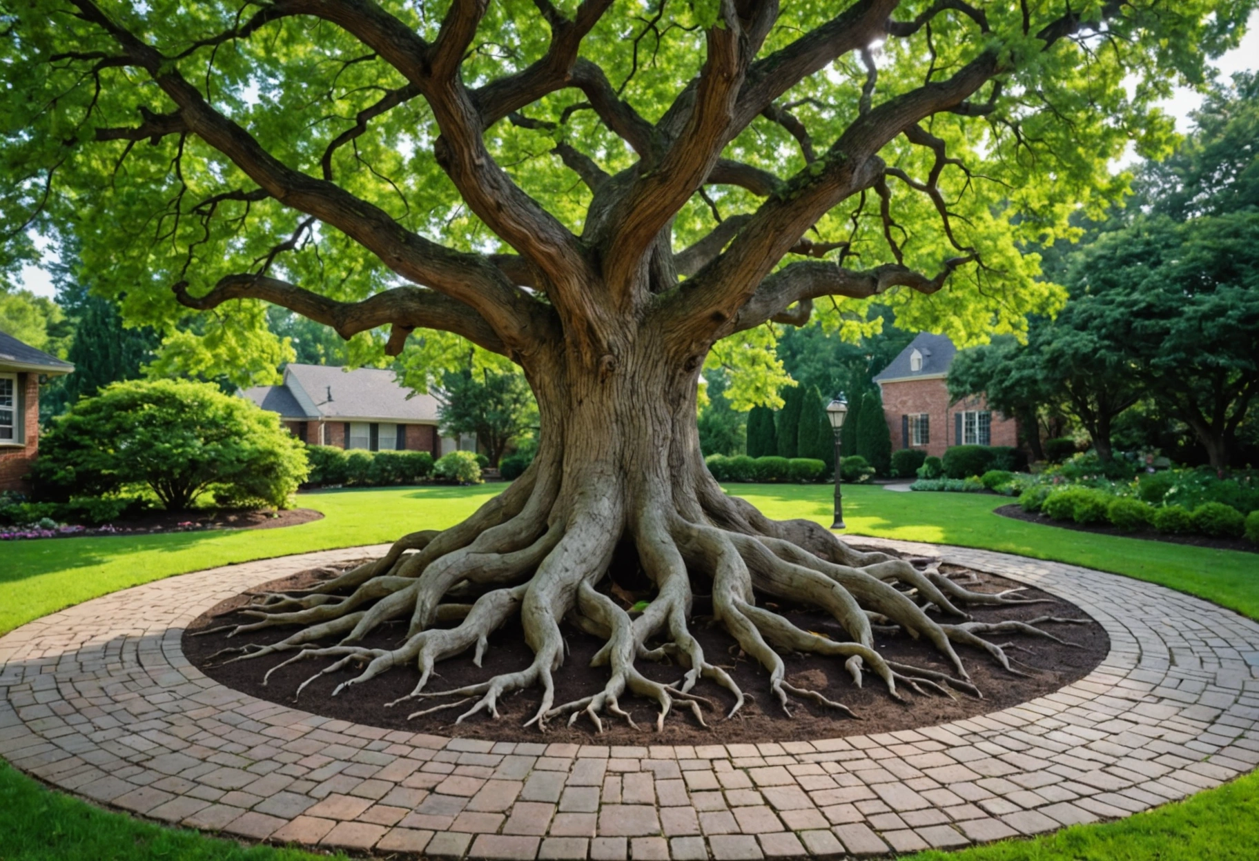 **Image Prompt 4**: A symbolic illustration of a majestic tree with roots formed by interconnected pavers, symbolizing stability and growth. The tree is flourishing amidst a serene garden setting, underlining the foundation-like role of professional paver installation and maintenance. Do not include any text, writing, letters, or words in the image.