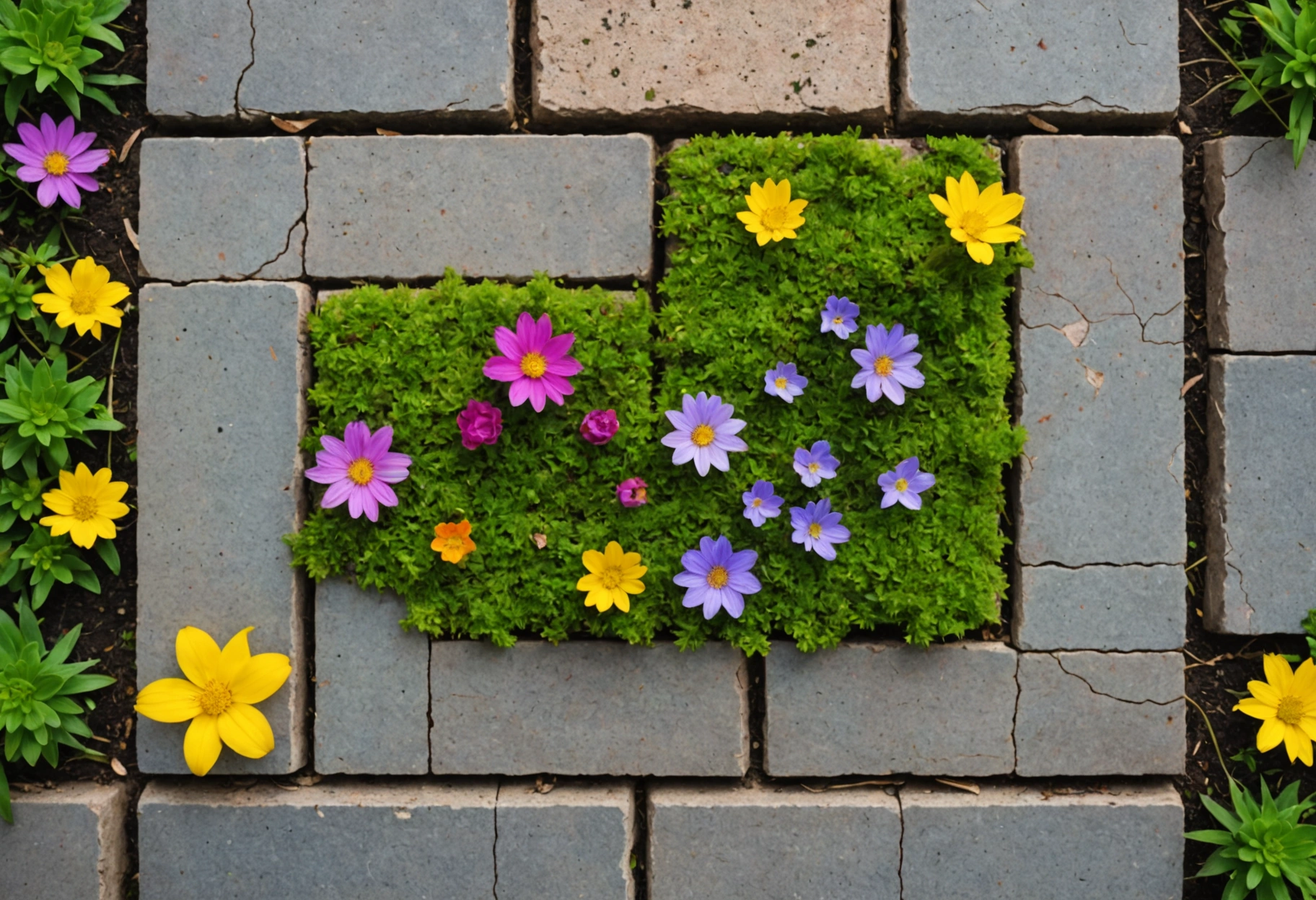 **Image Prompt 5**: A minimalistic design showing a close-up of a single paver, artistically cracked to reveal an inner world filled with vibrant colors and small, thriving organic elements like moss and flowers. The image suggests life and beauty protected within the strength of the paver. Do not include any text, writing, letters, or words in the image.