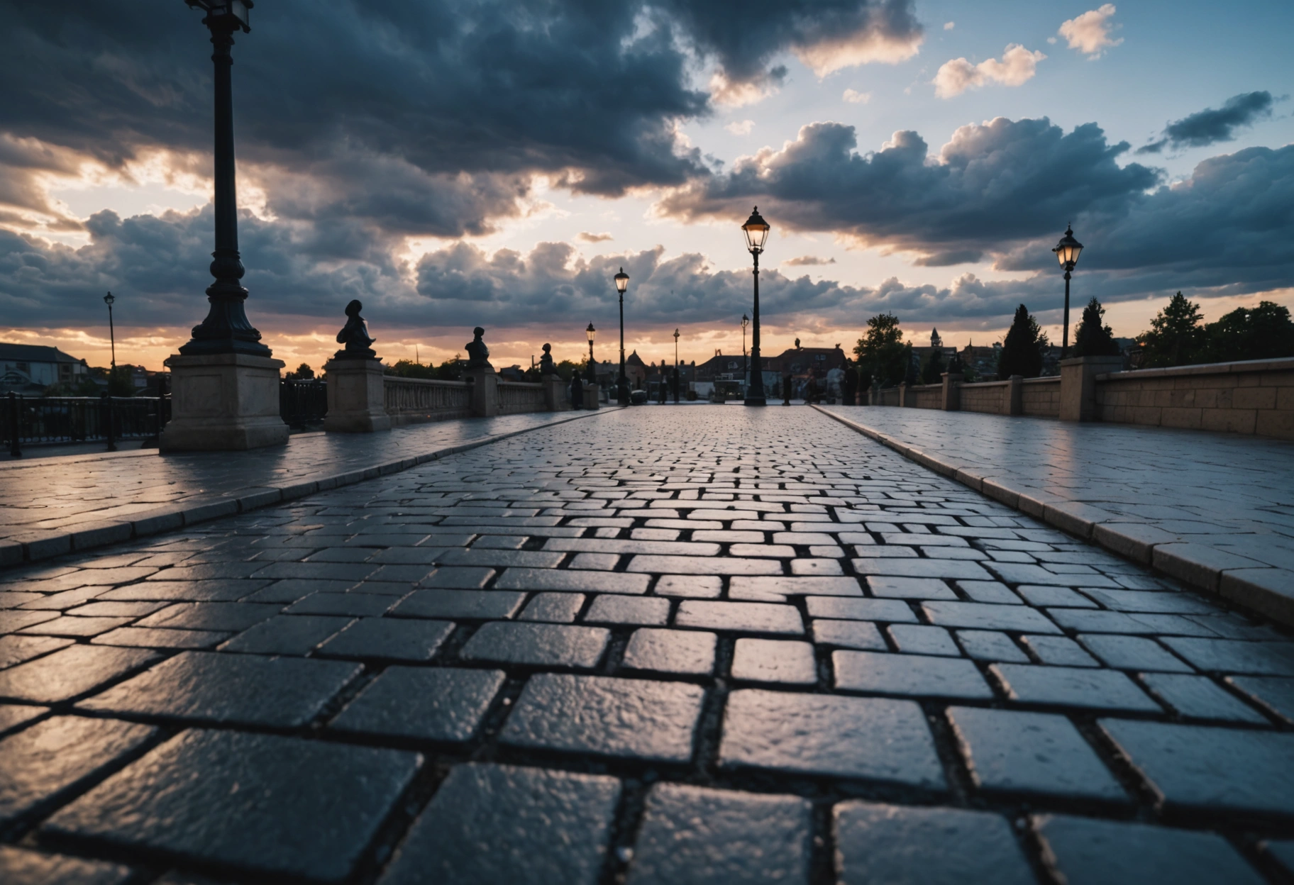 **Image Prompt 6**: An energetic scene capturing pavers being sealed with a glossy finish, set under a vivid, dynamic sky with swirling storm clouds