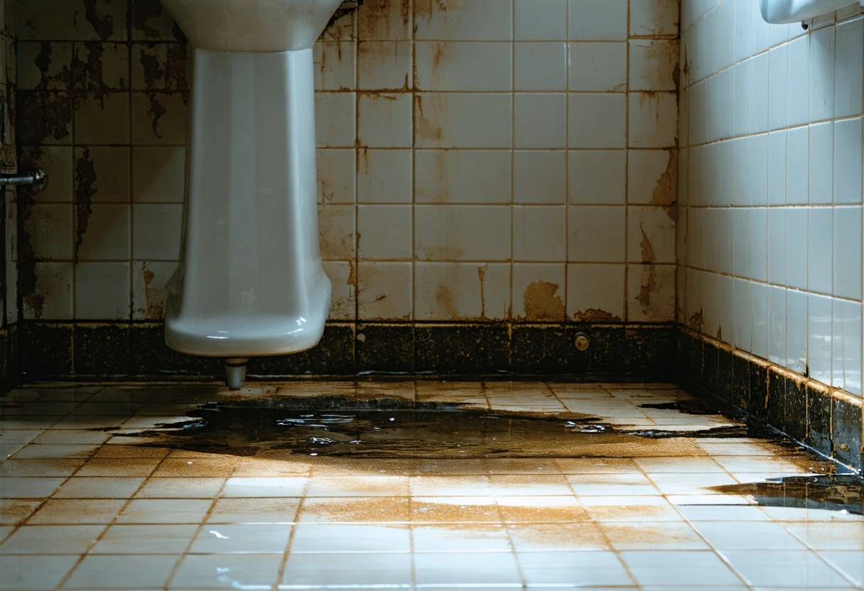 Bathroom floor showing warped tiles, peeling paint, and a puddle indicating water damage
