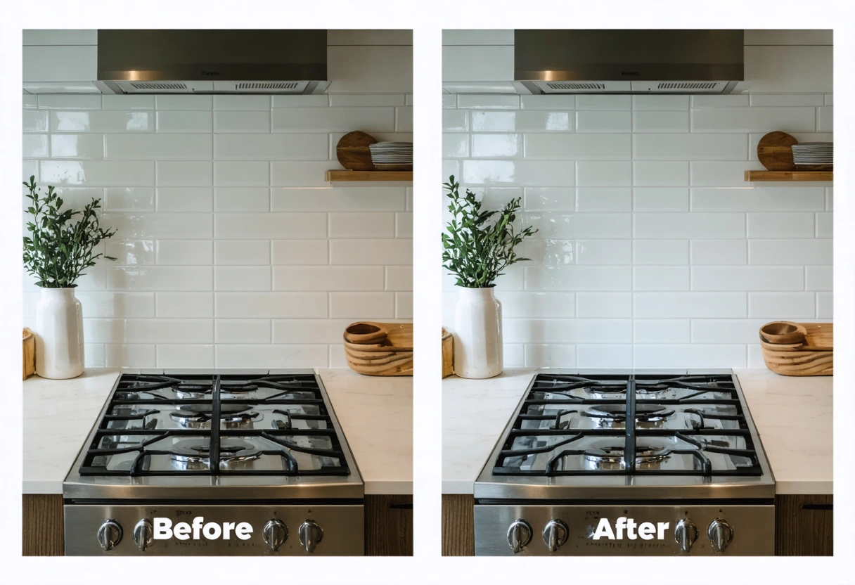 Family kitchen before and after renovation with new glass subway tile backsplash installed