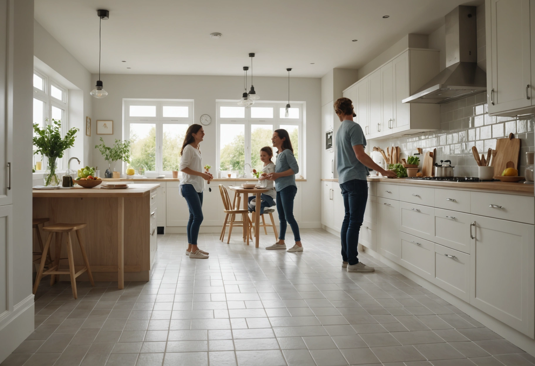 Sunlit kitchen with clean tile floors, happy family, and fresh, hygienic atmosphere