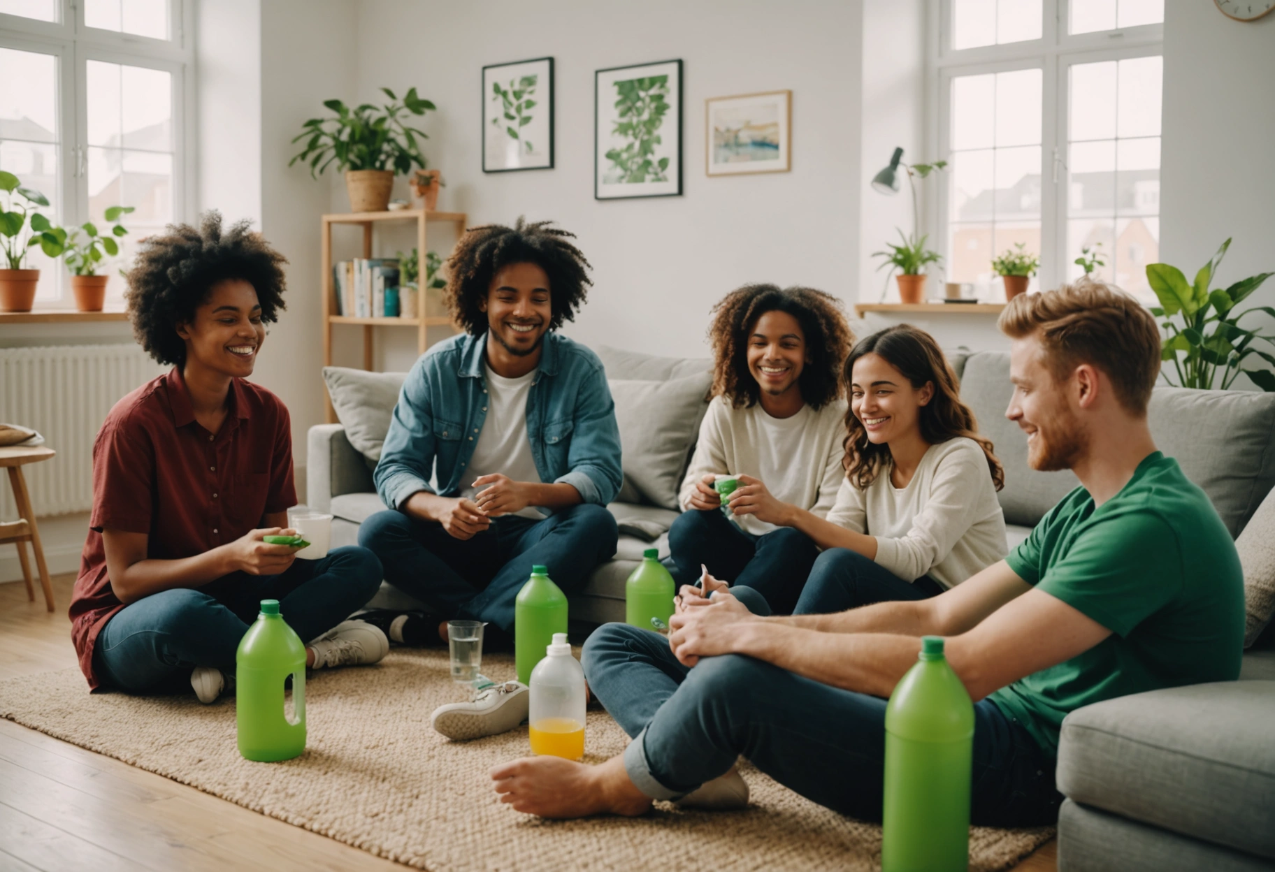 Diverse young tenants relaxing in a clean, eco-friendly apartment with green cleaning products visible