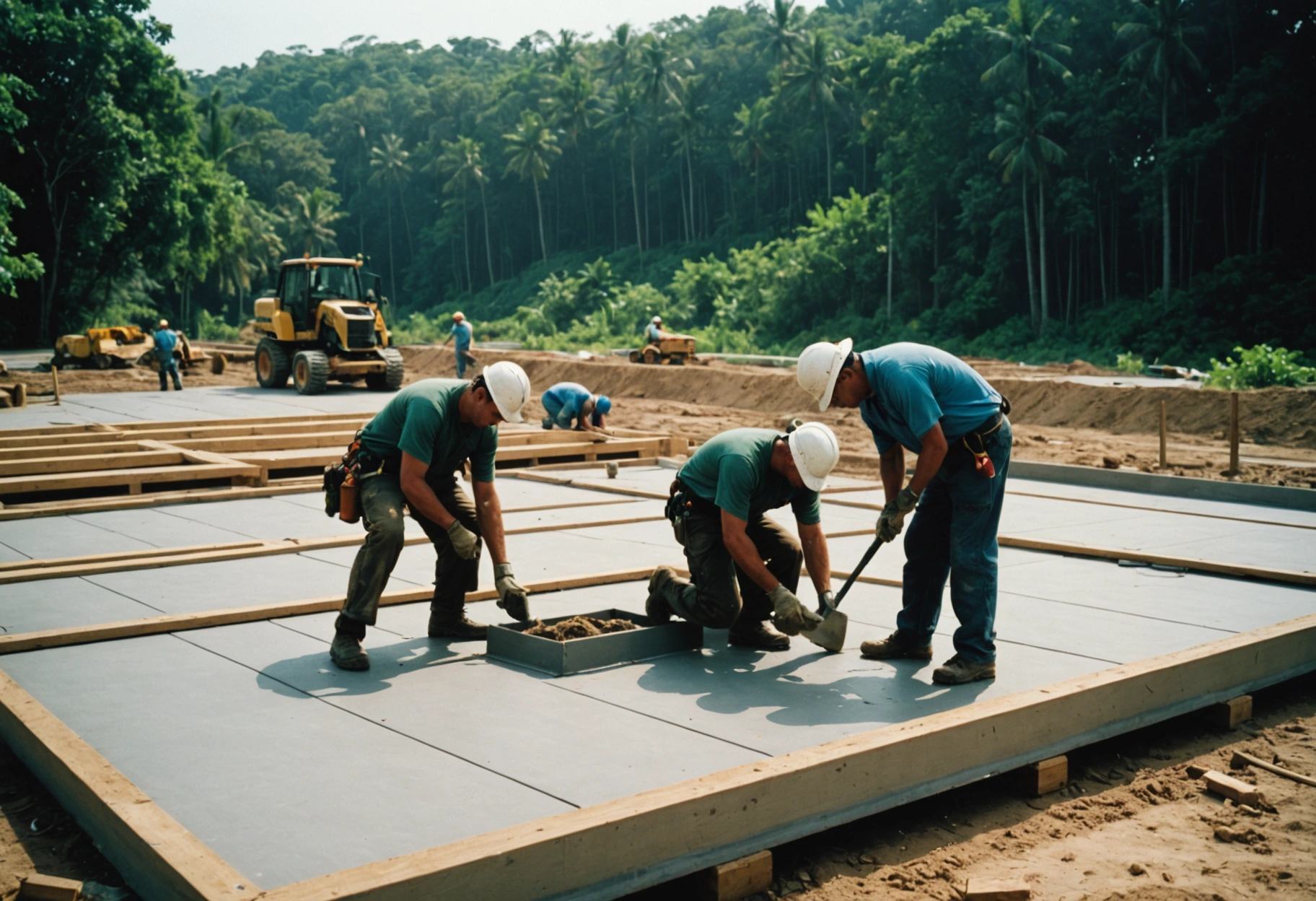 Workers installing moisture-resistant flooring at a coastal construction site.