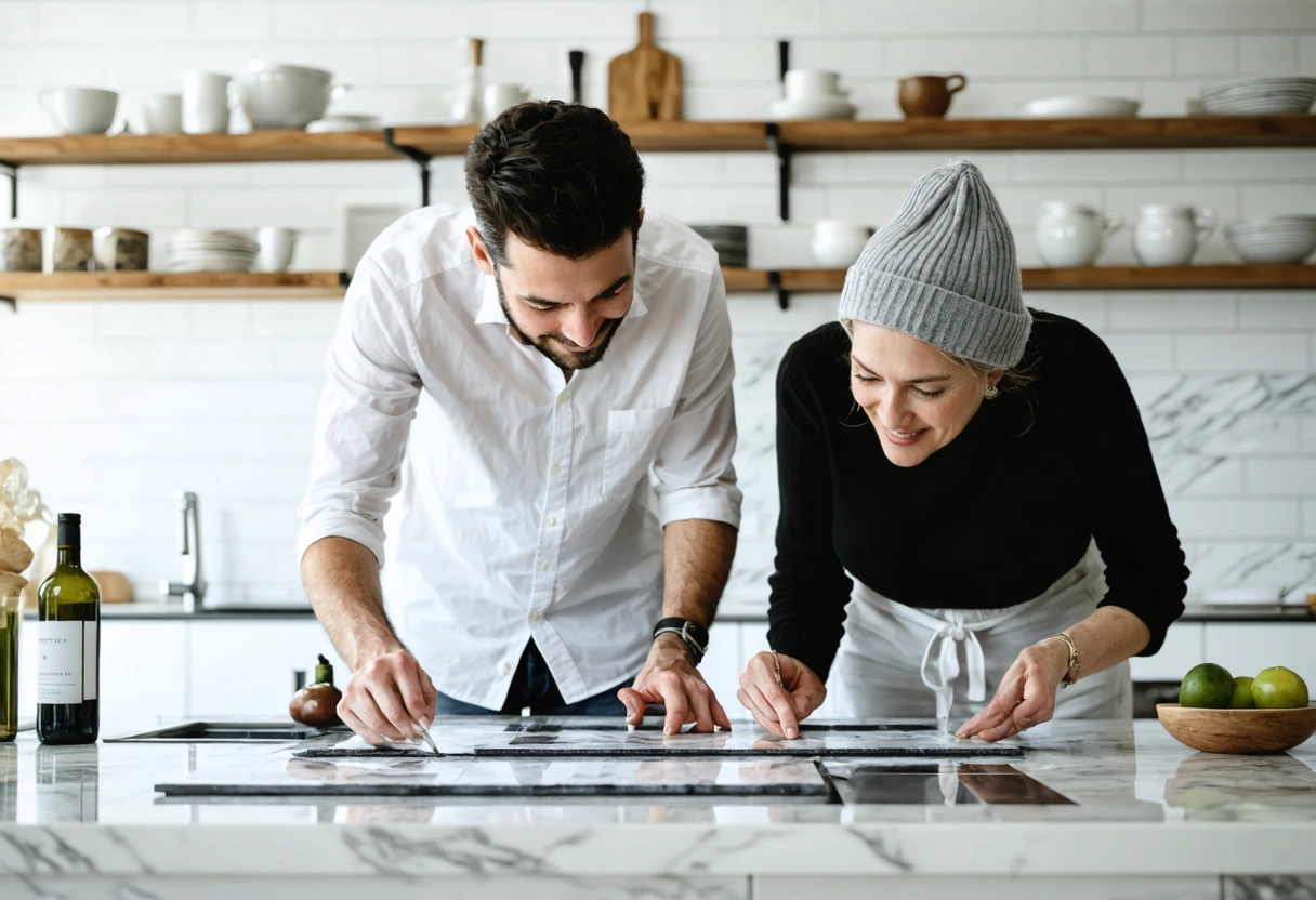 Designer and homeowner reviewing custom backsplash tile samples and accent strips on tabletop