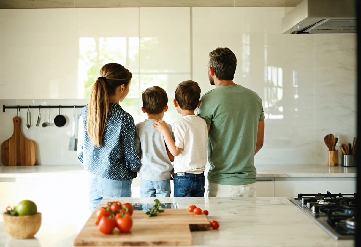 Family admiring professionally installed backsplash together in bright modern kitchen with warm lighting