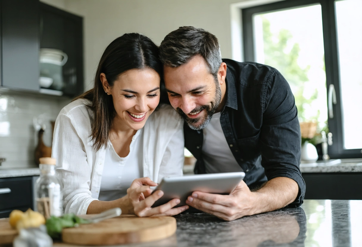 Happy couple checking increased home value on tablet in renovated kitchen with backsplash visible