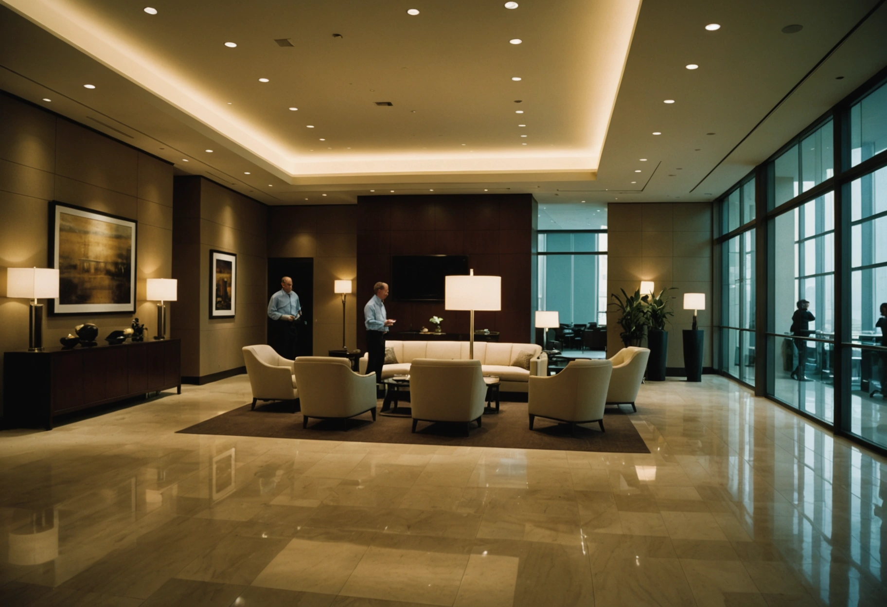 Architects discussing flooring trends in a luxurious commercial lobby.