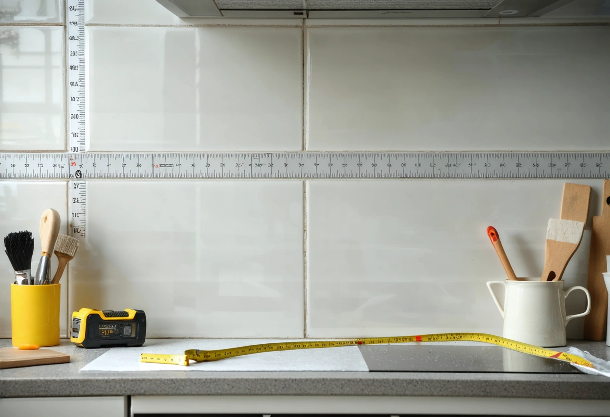 Measured kitchen wall with level guidelines, dry-laid tiles, tape measure and pencil, overhead view