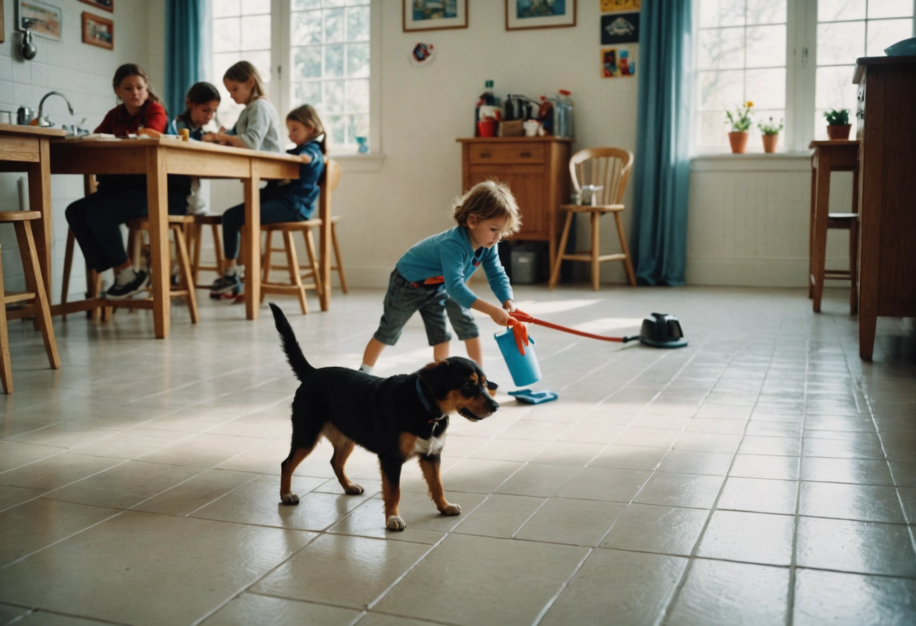 Children and dog playing on spotless tiled floor while technician cleans grout in background