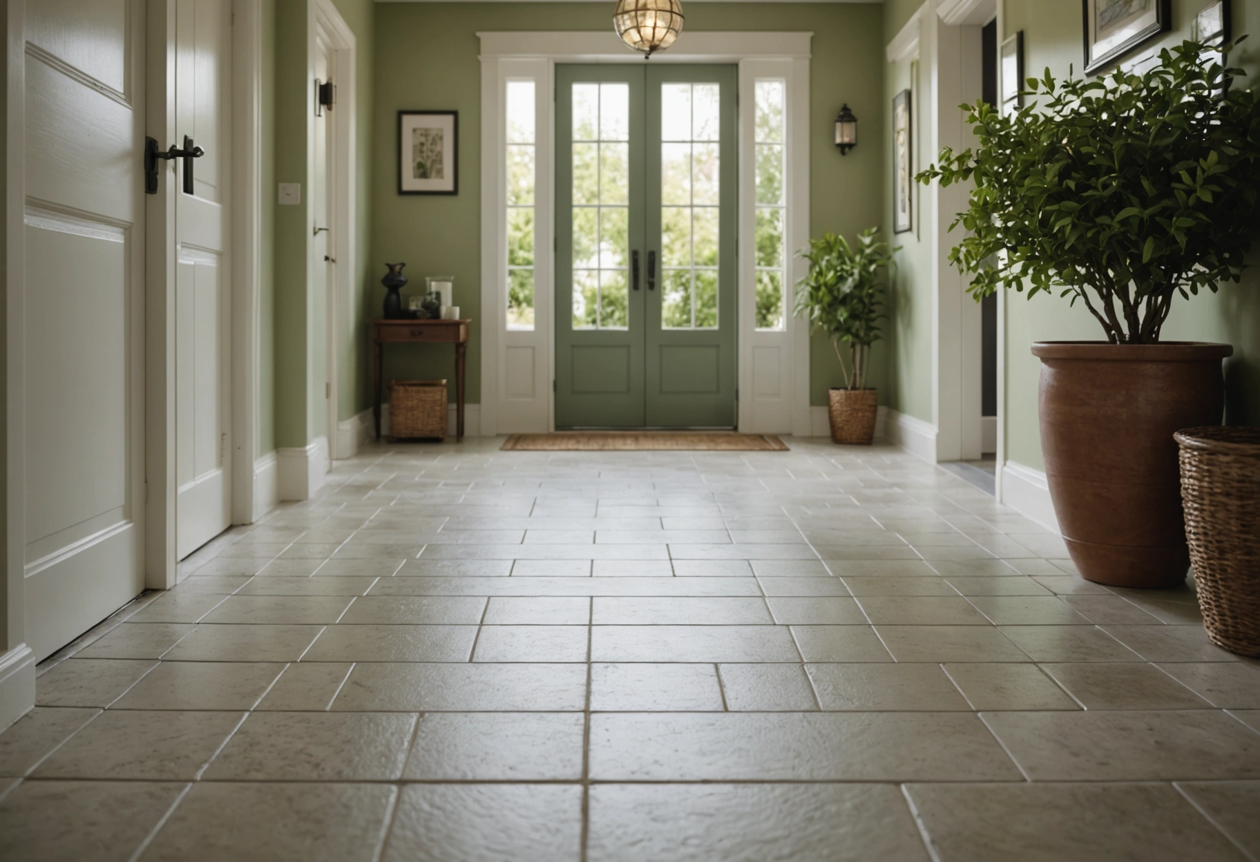 Stylish entryway with immaculate grout and tile, green accents, and serene, welcoming ambiance