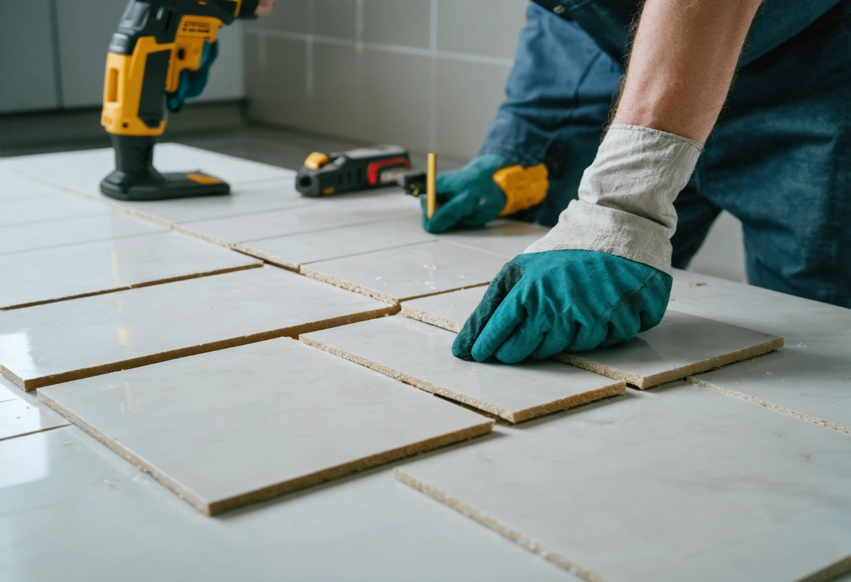 Professional installer measuring and cutting backsplash tiles with precision tools and focused lighting