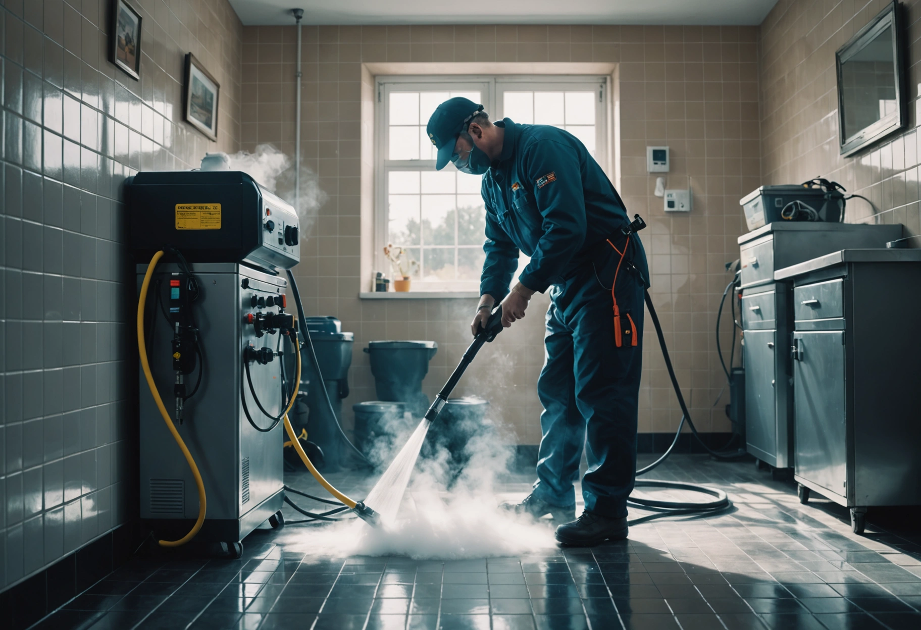 Technician in uniform using steam cleaning machine on tiled bathroom floor with visible grime removal