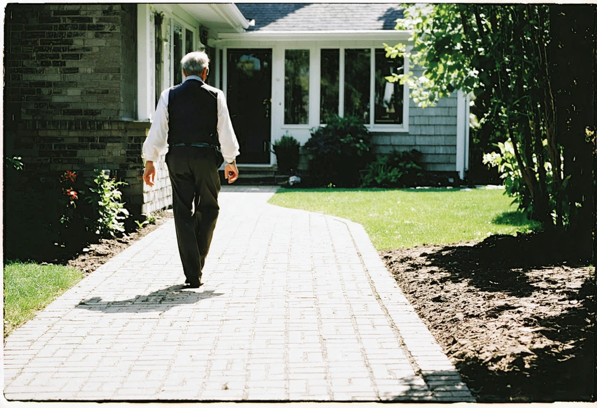 Real estate agent showing spotless paver walkway at well-maintained home to interested buyers