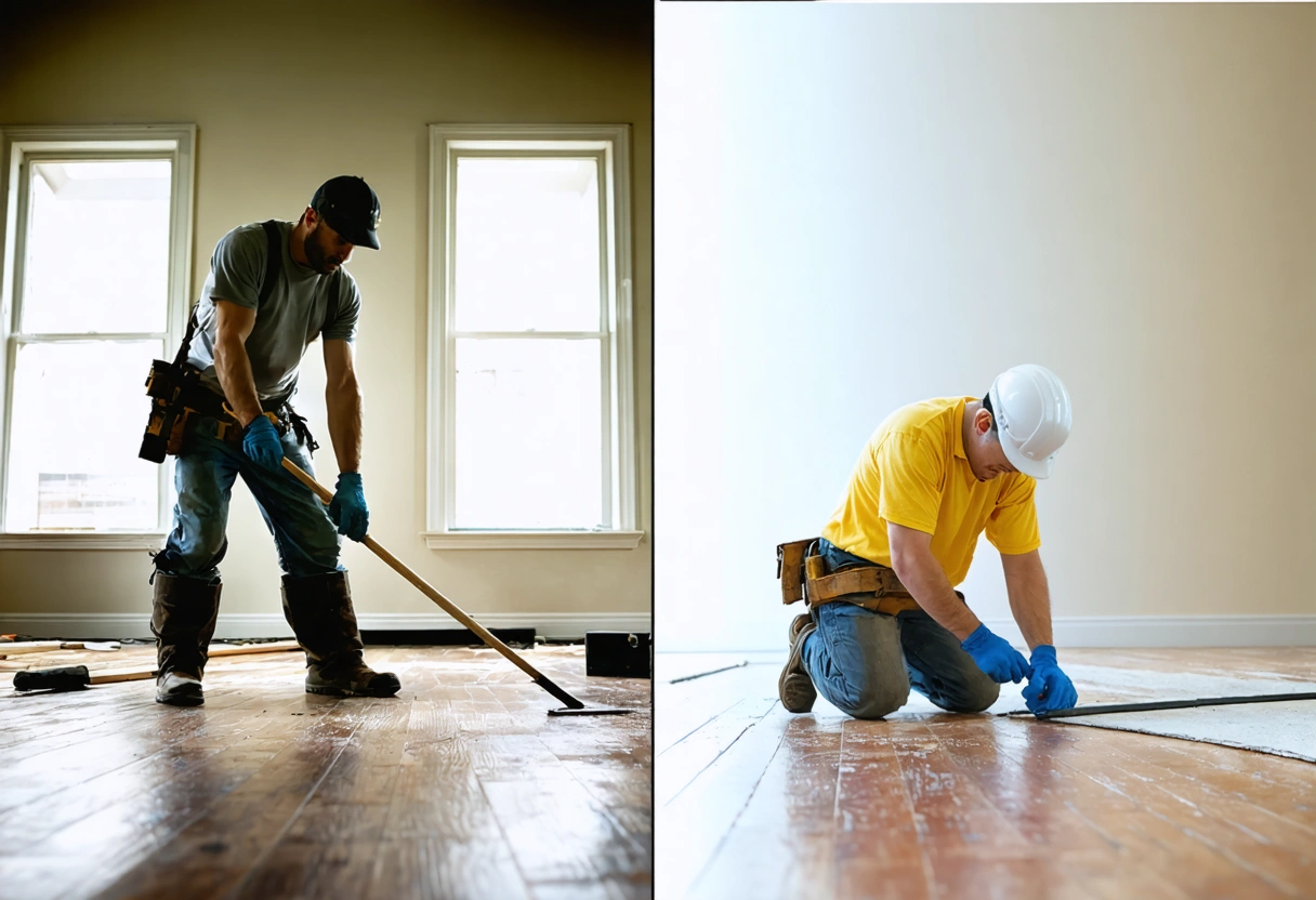 Professional floor restoration team using specialized equipment to refinish a large room