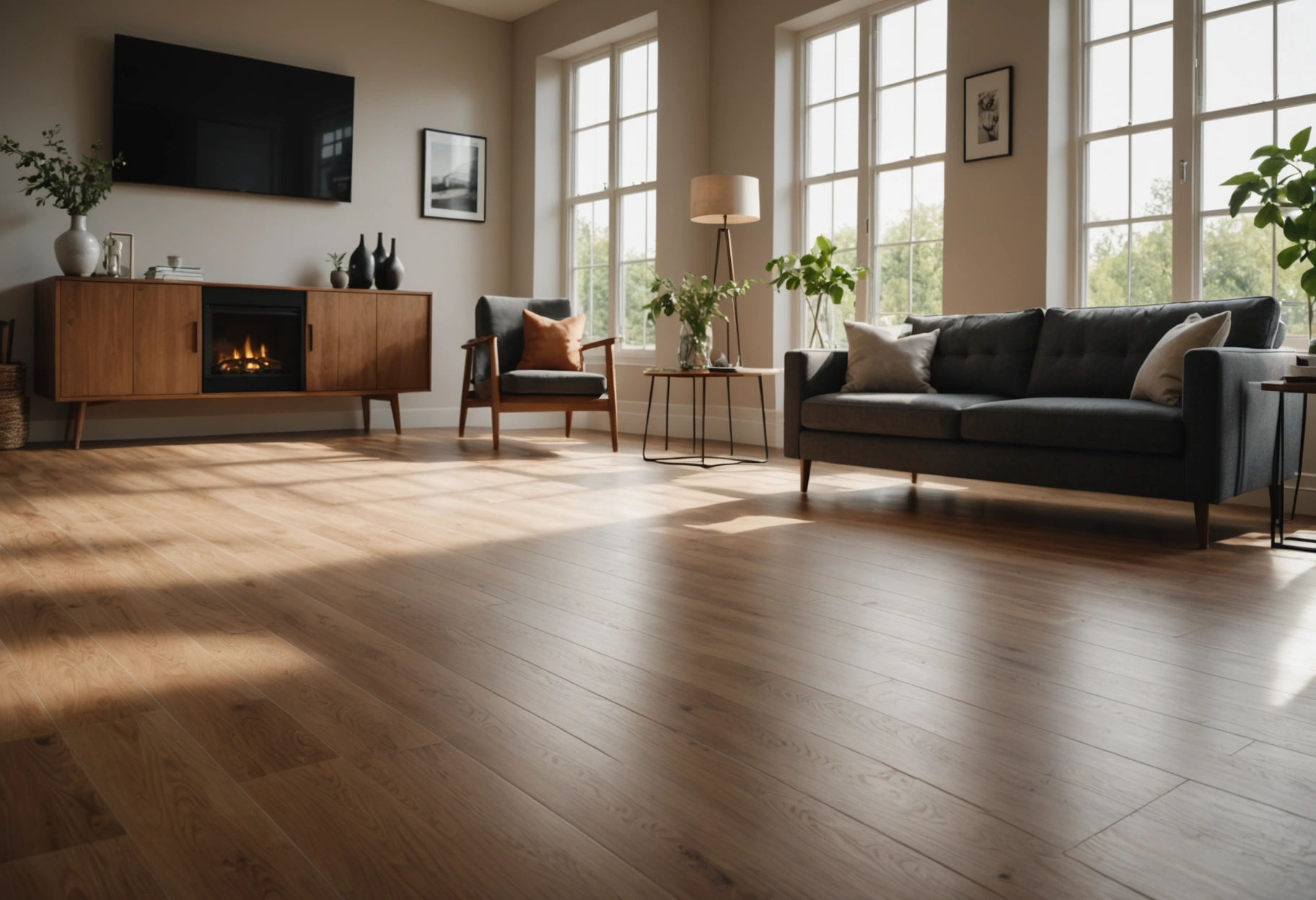 Sunlit living room with expertly installed hardwood flooring.